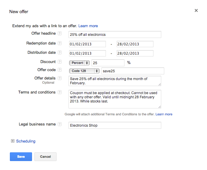 Creating a new offer is easy as filling out the details of the offer, the timing