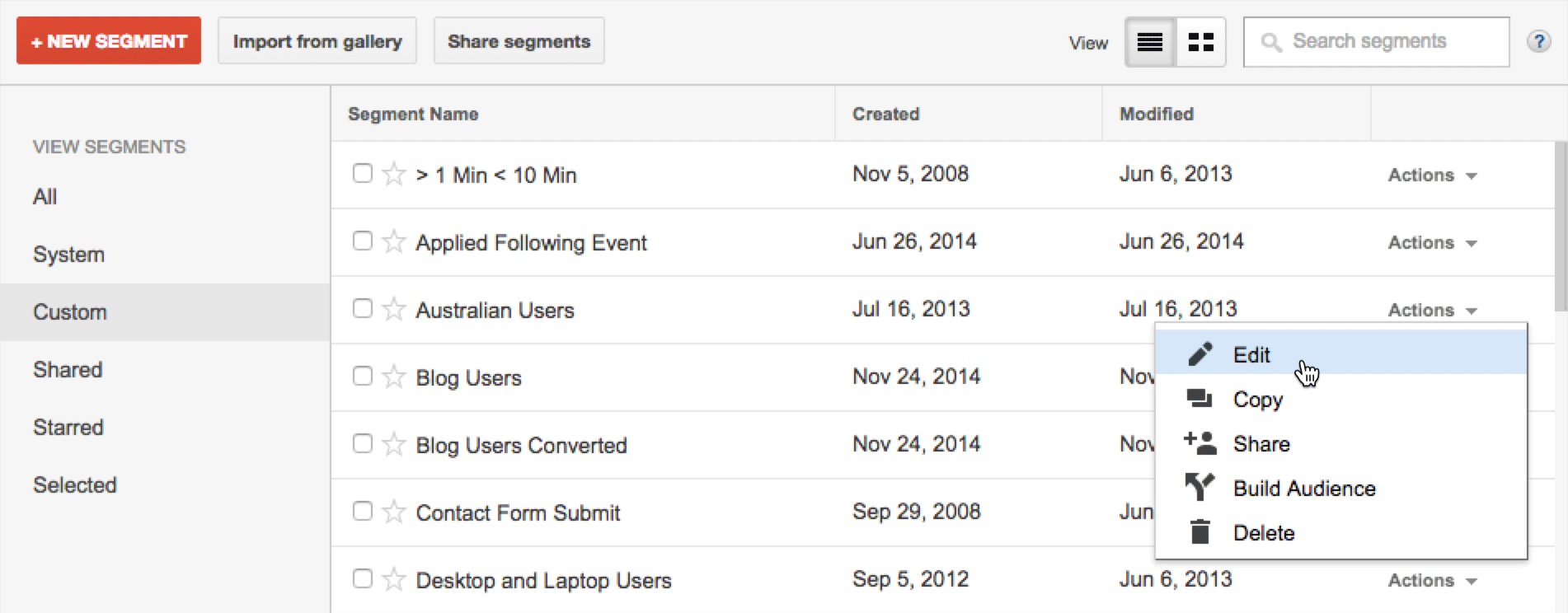 1. Open the segment panel and select 'Custom', then click 'Edit' for the segment
