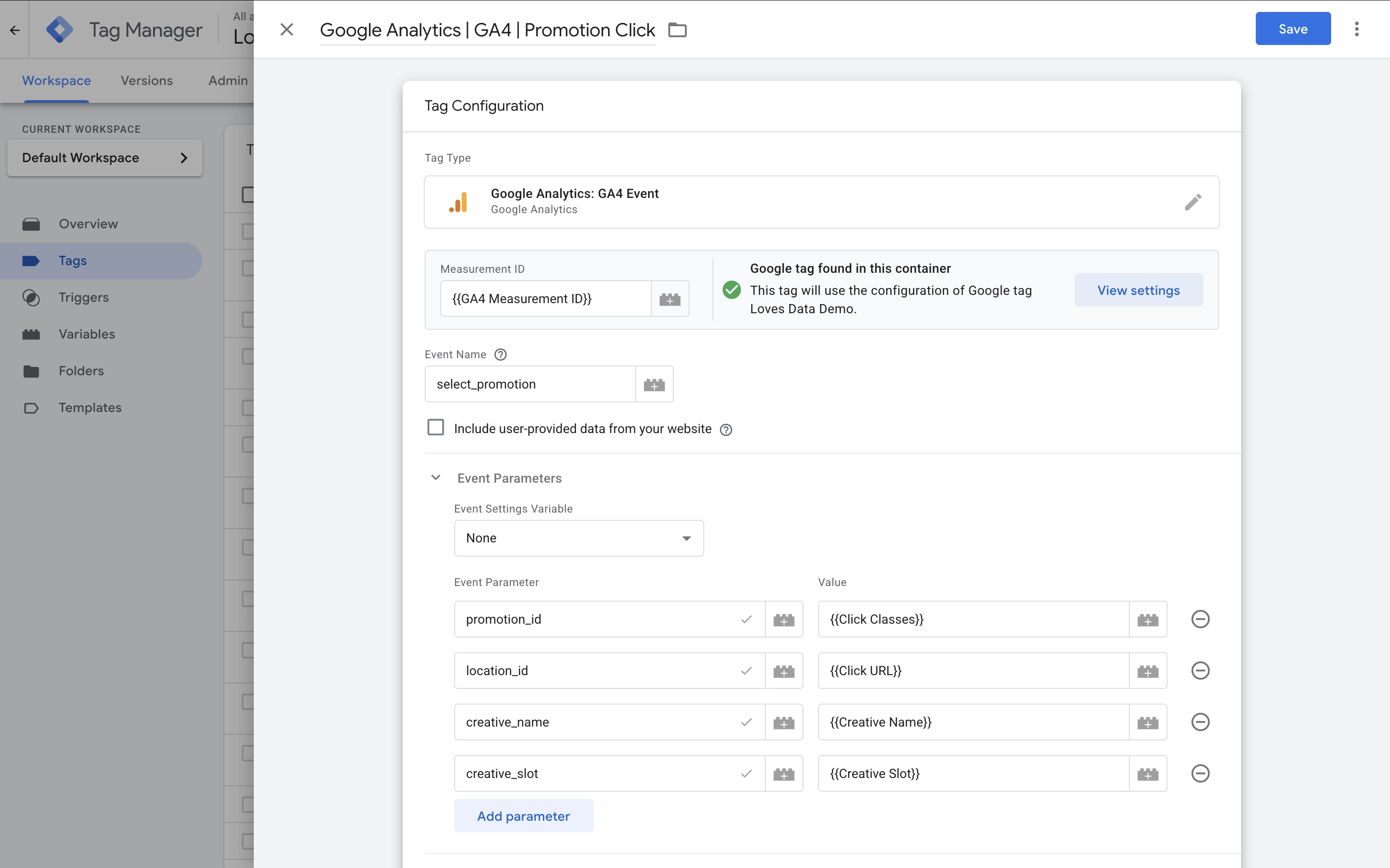 Etiqueta de evento GA4 configurada para enviar un evento select_promotion en Google Tag Manager