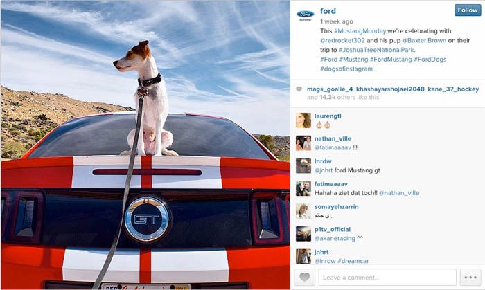The account features Ford cars in scenic locations, close-ups of car interiors a