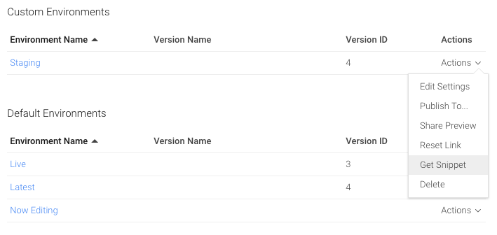 Option 2: Embed environment snippet on websiteAlternatively, you can get a speci