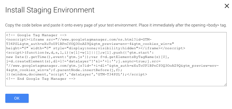 The environment snippet is very similar to the standard Google Tag Manager snipp