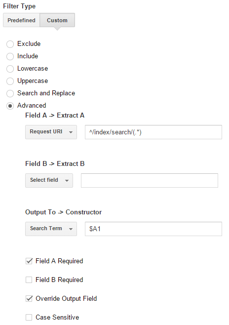 Field A -> Extract A: Request URI: ‘^/index/search/(.*)’Output To -> Constructor