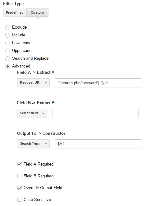 Field A -> Extract A: Request URI: ‘^/search.php/keyword/(.*)/id’Output To -> Co