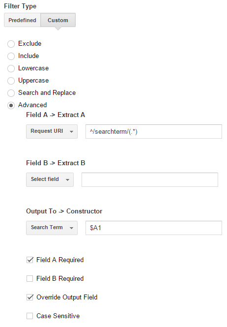 Field A -> Extract A: Request URI: ‘^/searchterm/(.*)’Output To -> Constructor