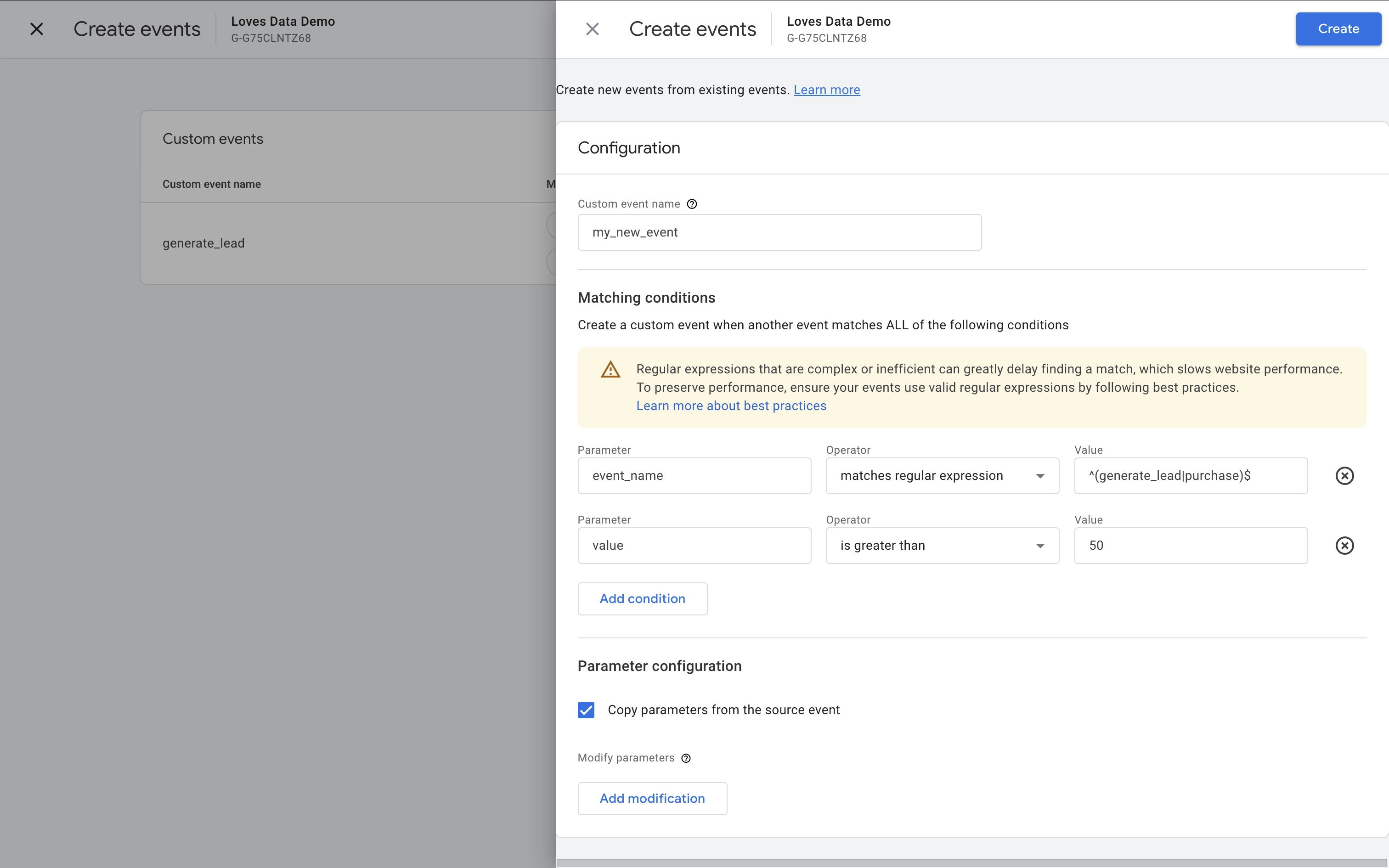 Creating a new event in Google Analytics with regex matching