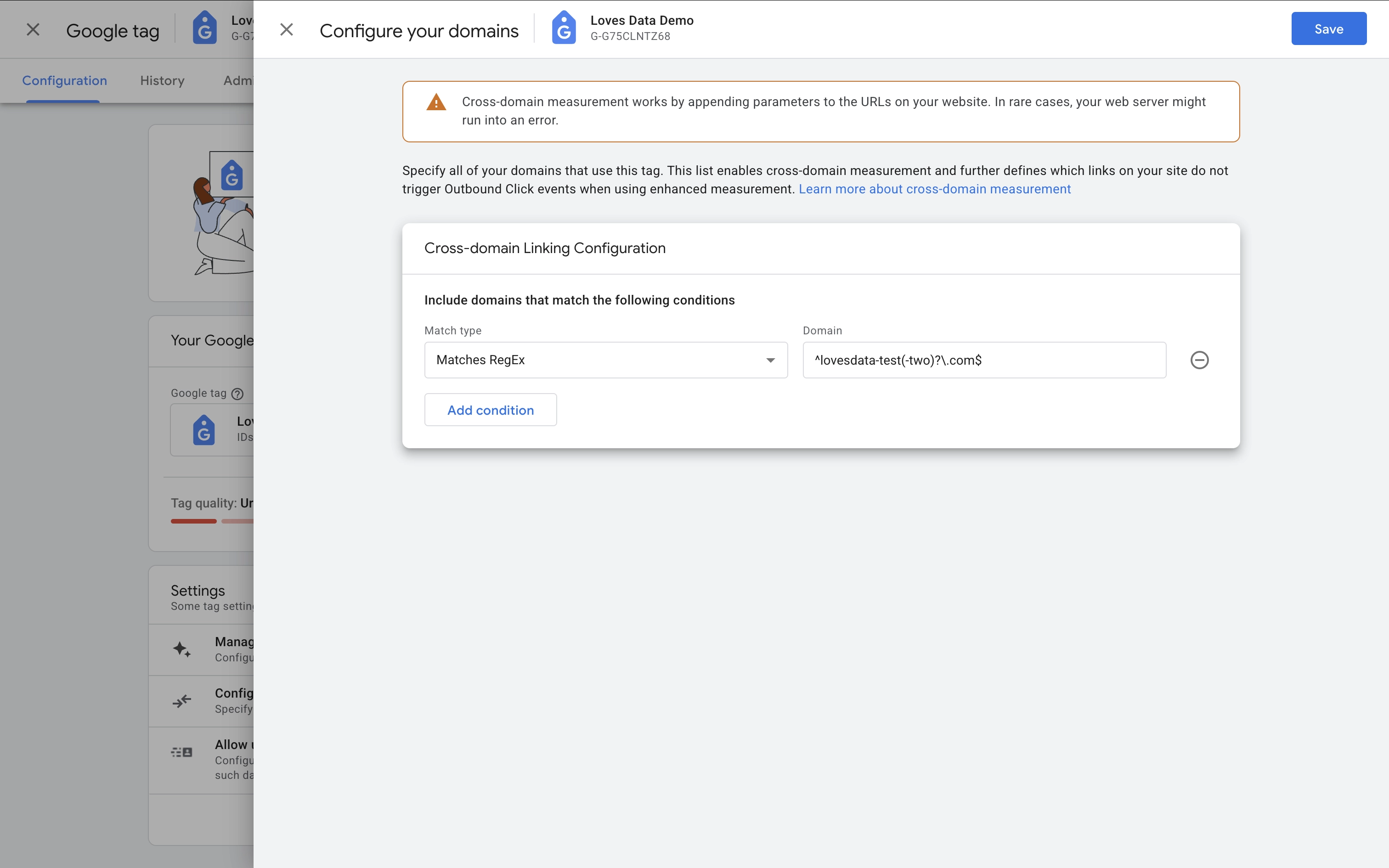Matching domains using regex in the Google Analytics data stream