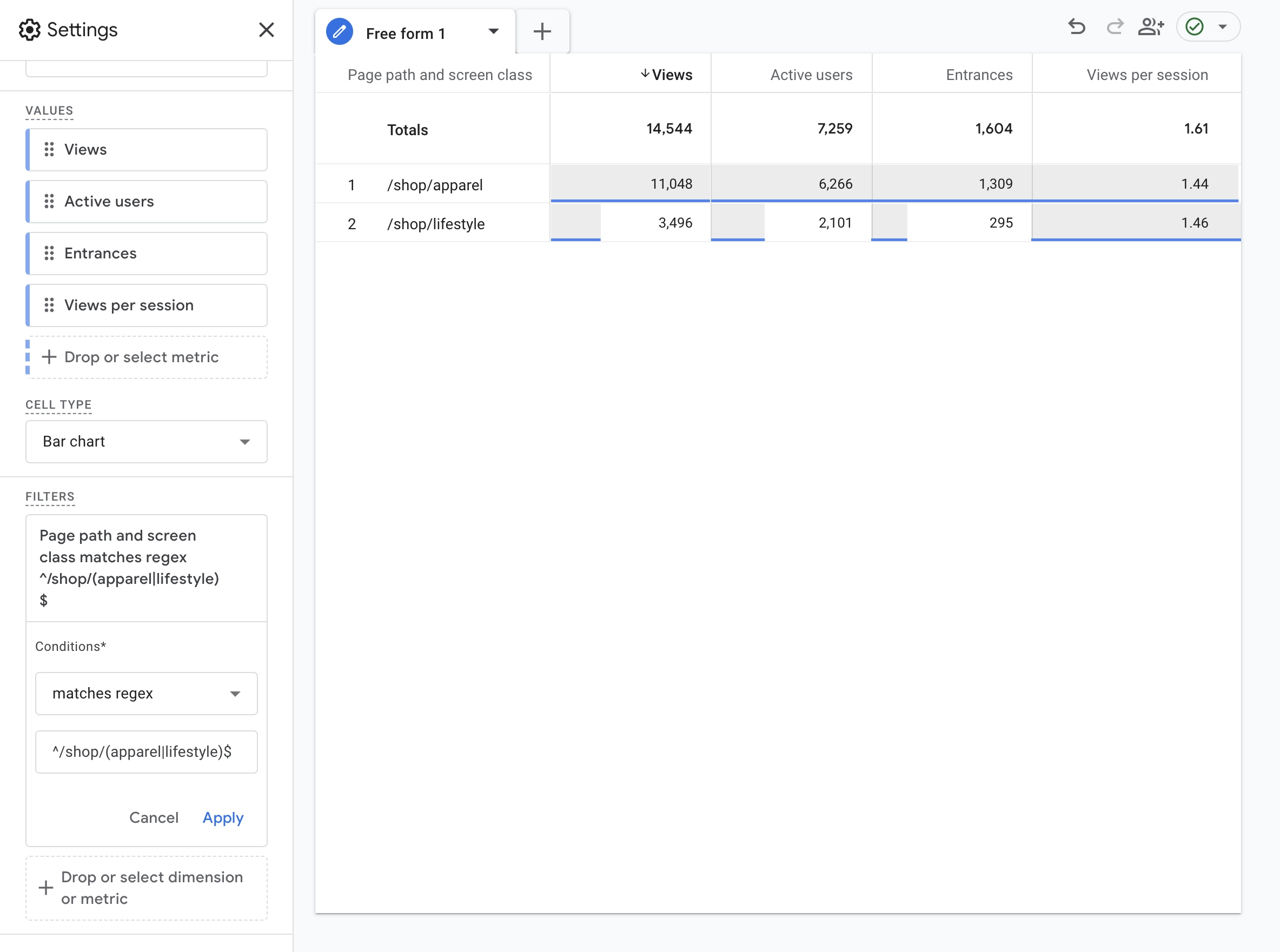Exploration report in Google Analytics with a regex filter applied