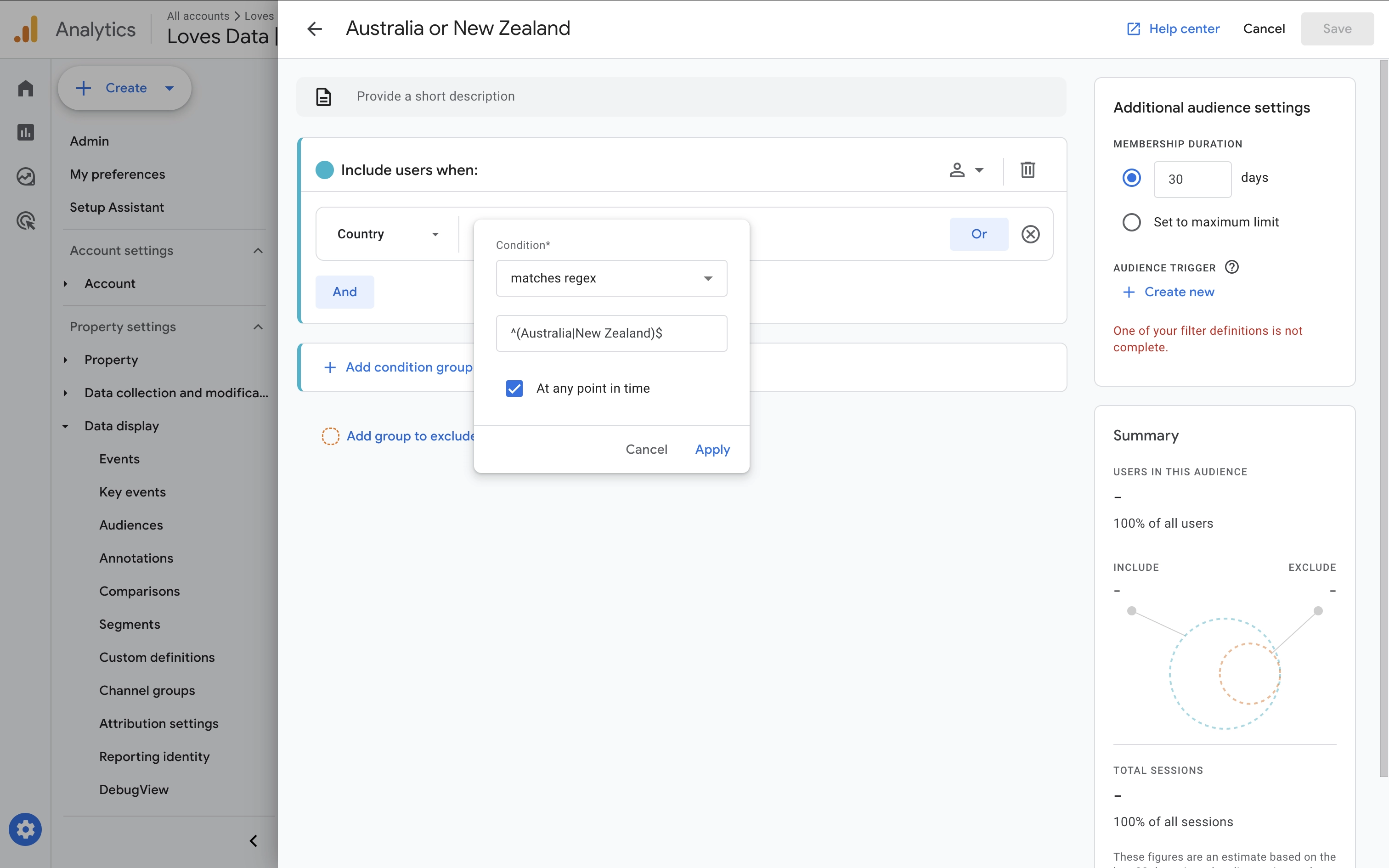 Google Analytics audience using regex matching