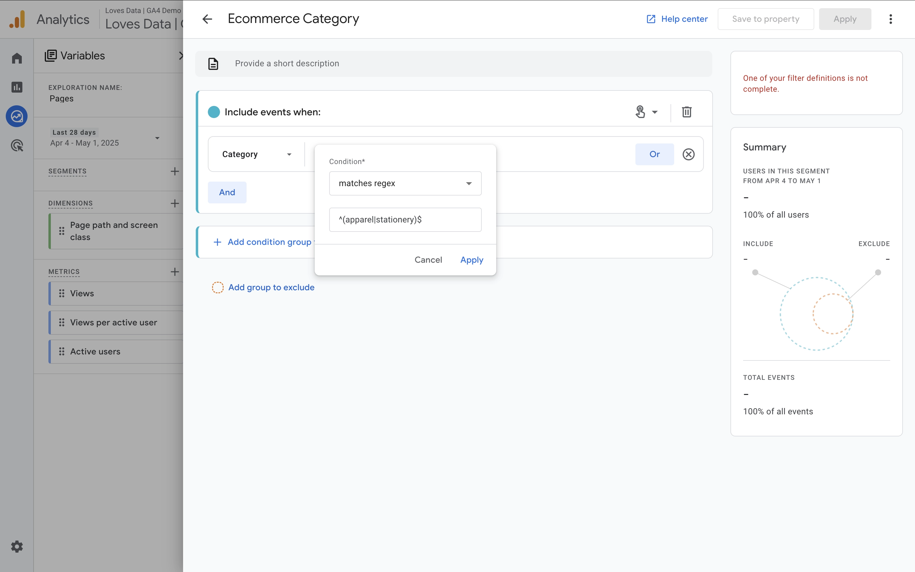 Segment using regex in a Google Analytics exploration report