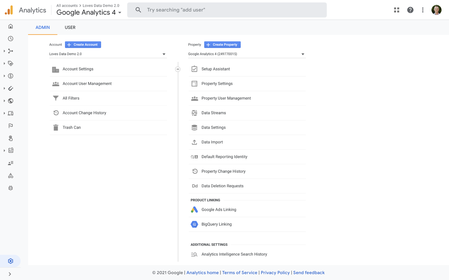 If you’re already using GA4, then you will only see two columns in the admin are