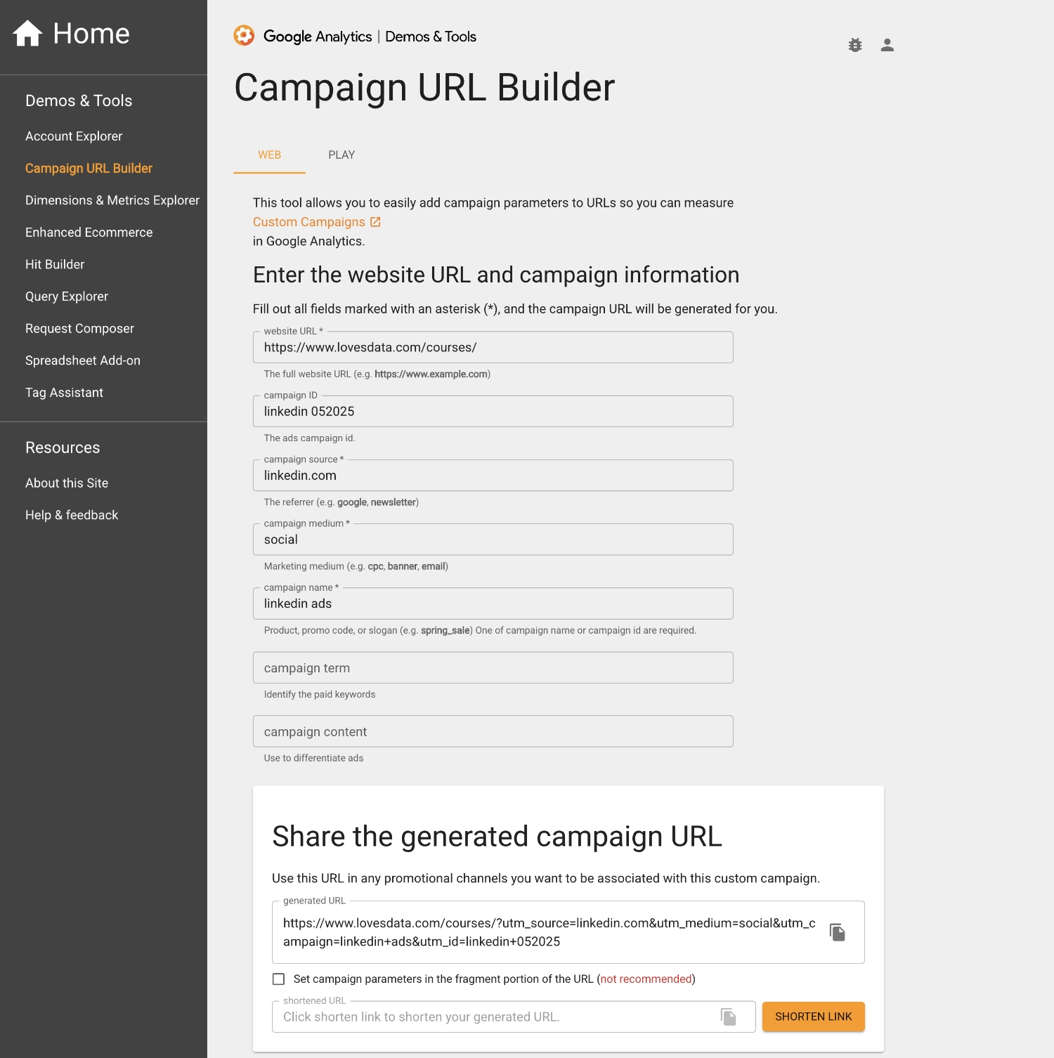 Google Analytics Campaign URL Builder example