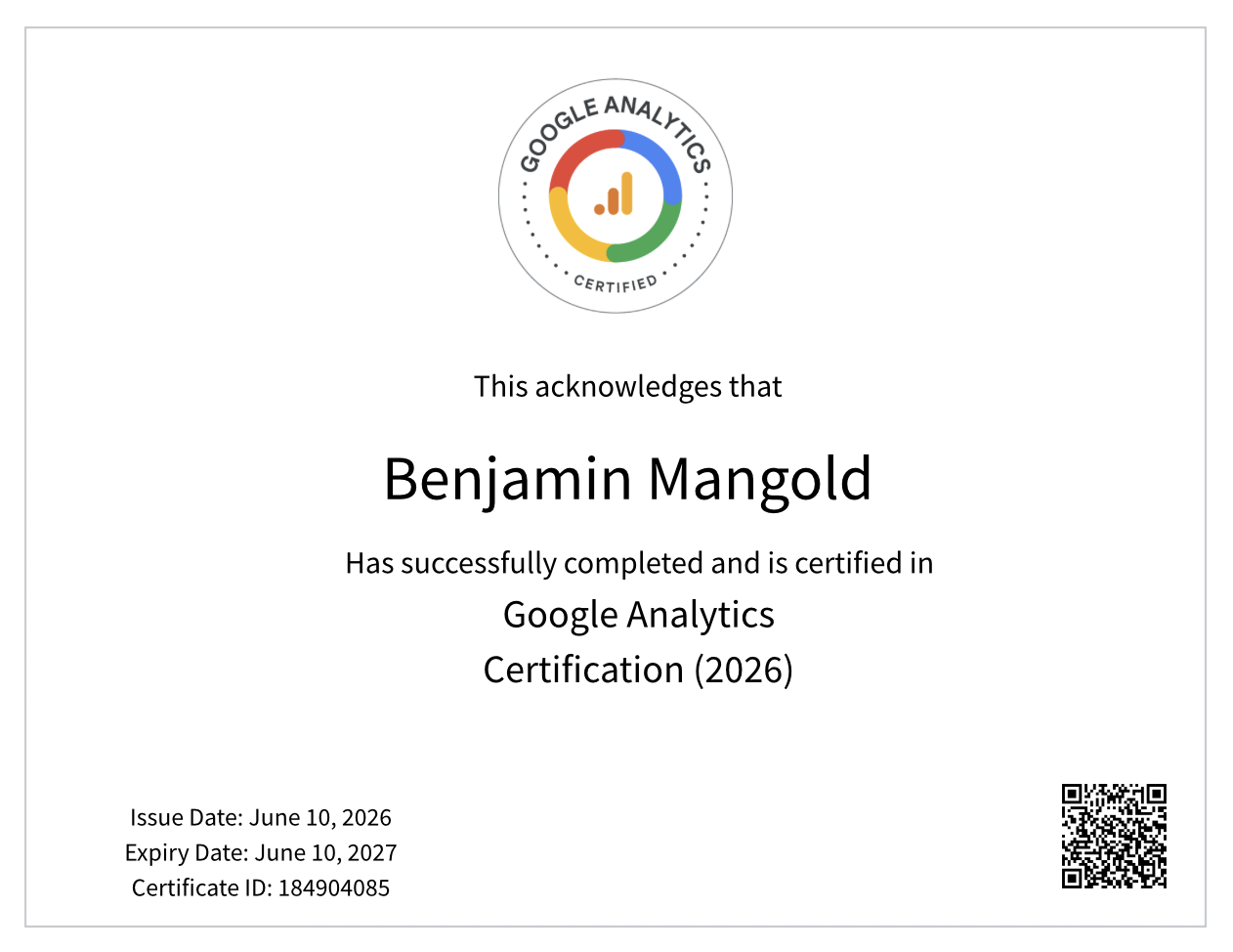 Benjamin Mangold's Google Analytics Certification certificate