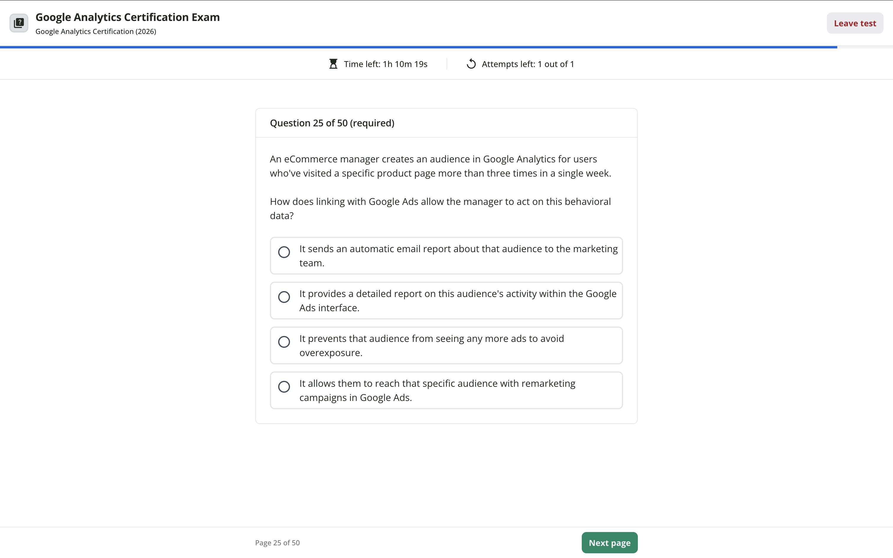 Example question from the Google Analytics certification exam
