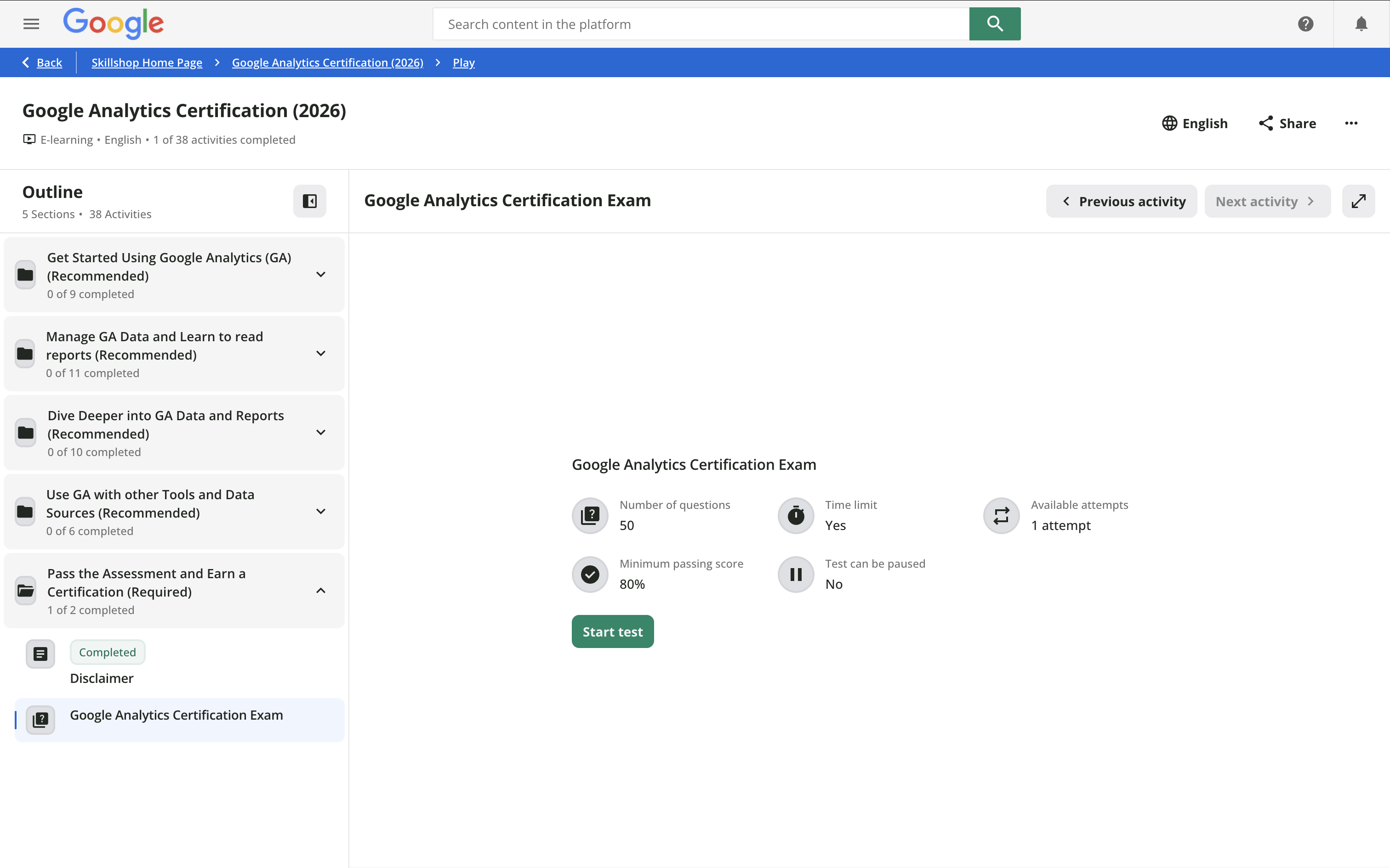 Start Test screen for the Google Analytics Certification assessment