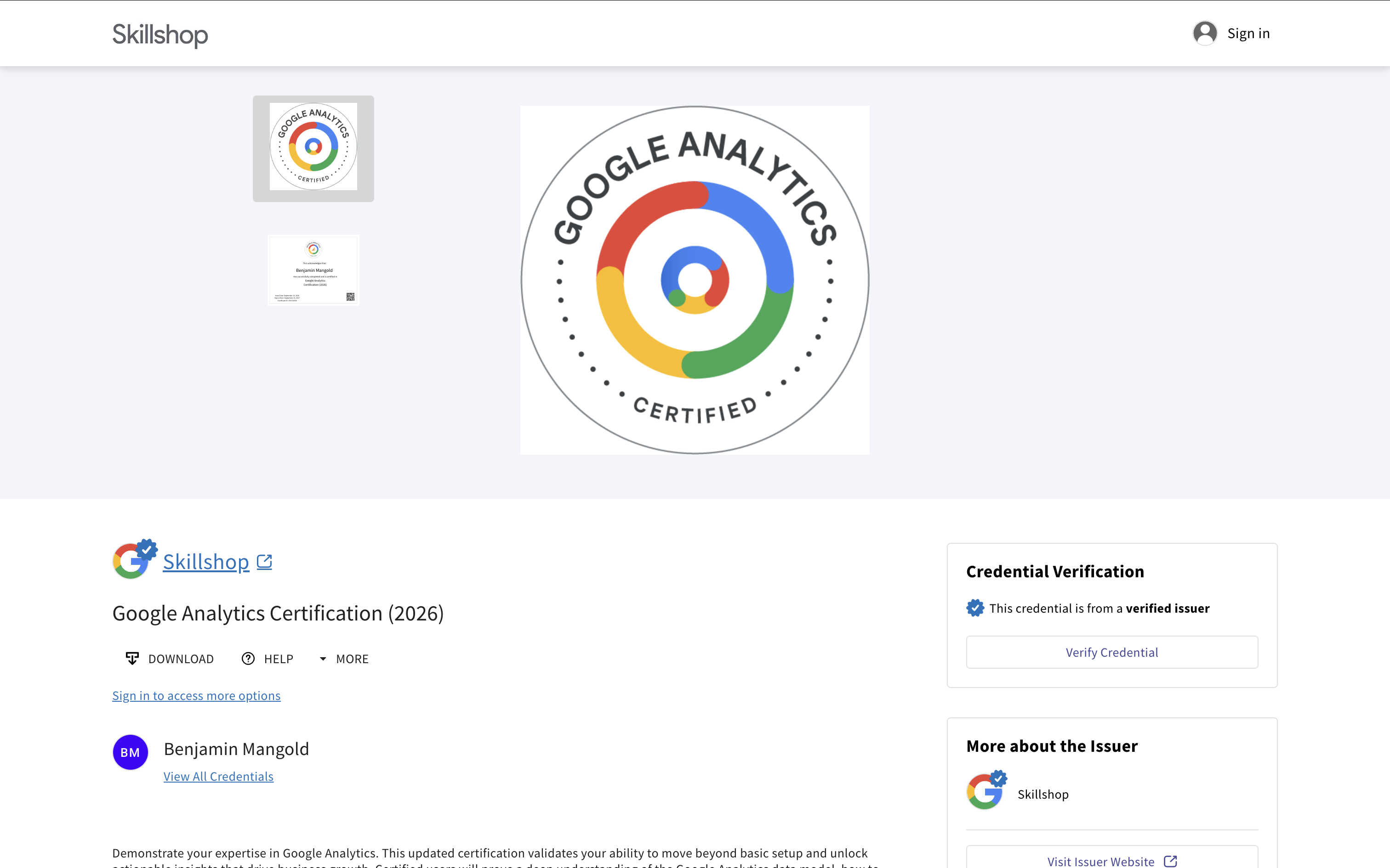 The Google Analytics certification certificate and badge on Accredible