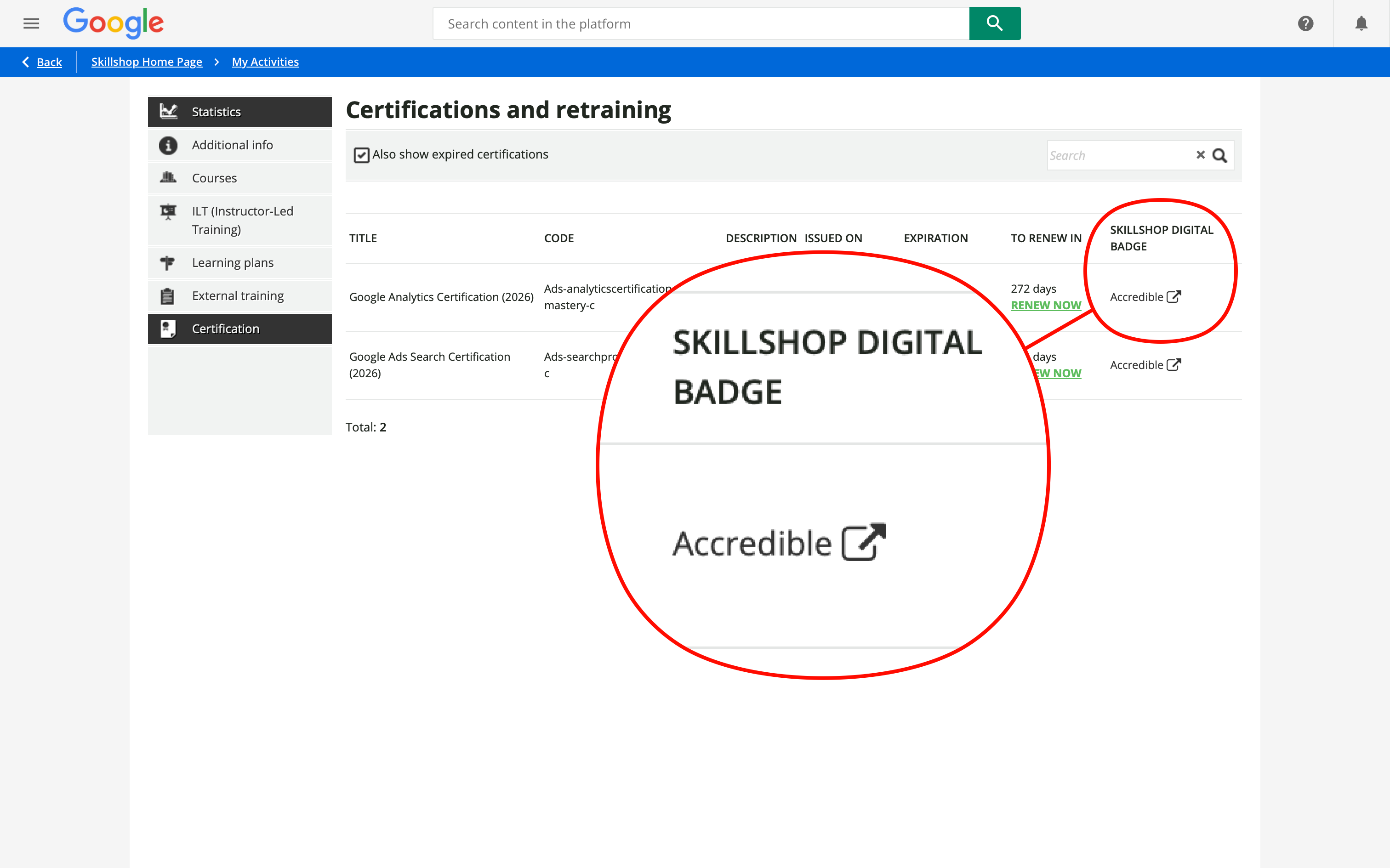 Completed Google Analytics Certification in the My Activities section of Skillshop