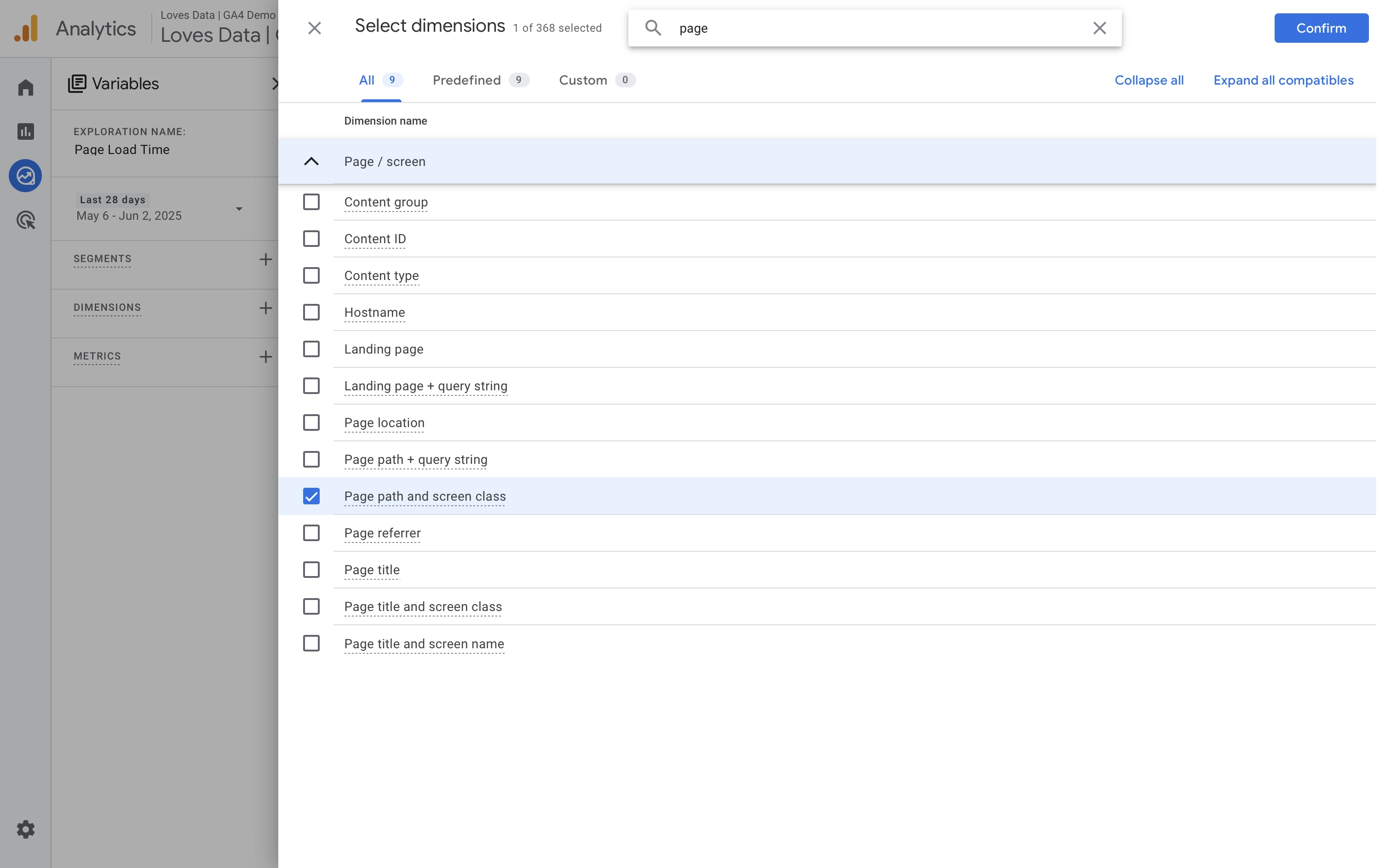 Page-based dimensions available in Exploration reports