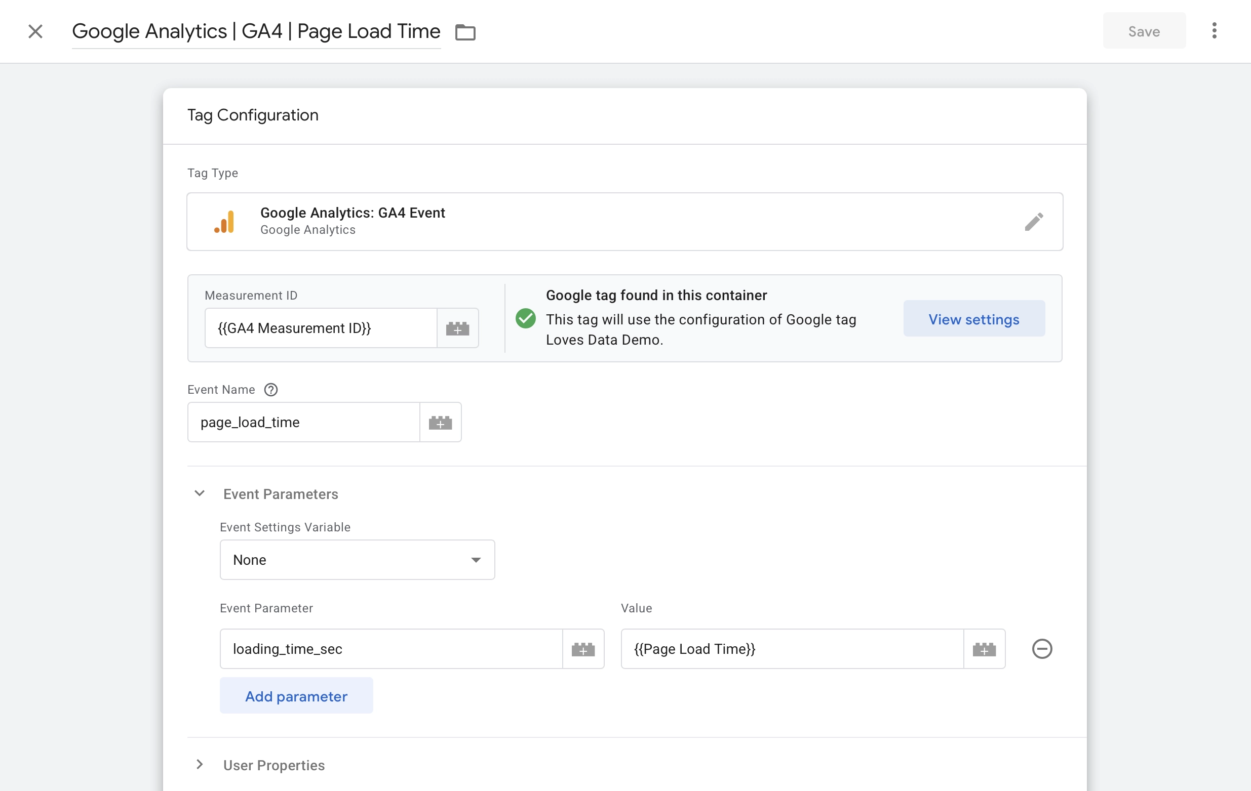 GA4 event tag in GTM to send page load time to Google Analytics reports