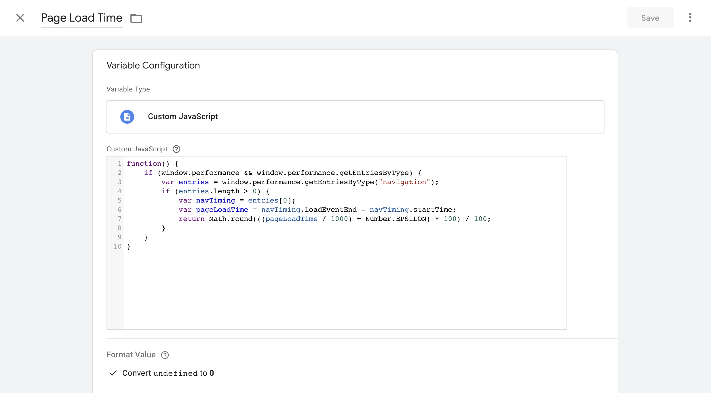 Custom JavaScript variable to calculate page load time in GTM