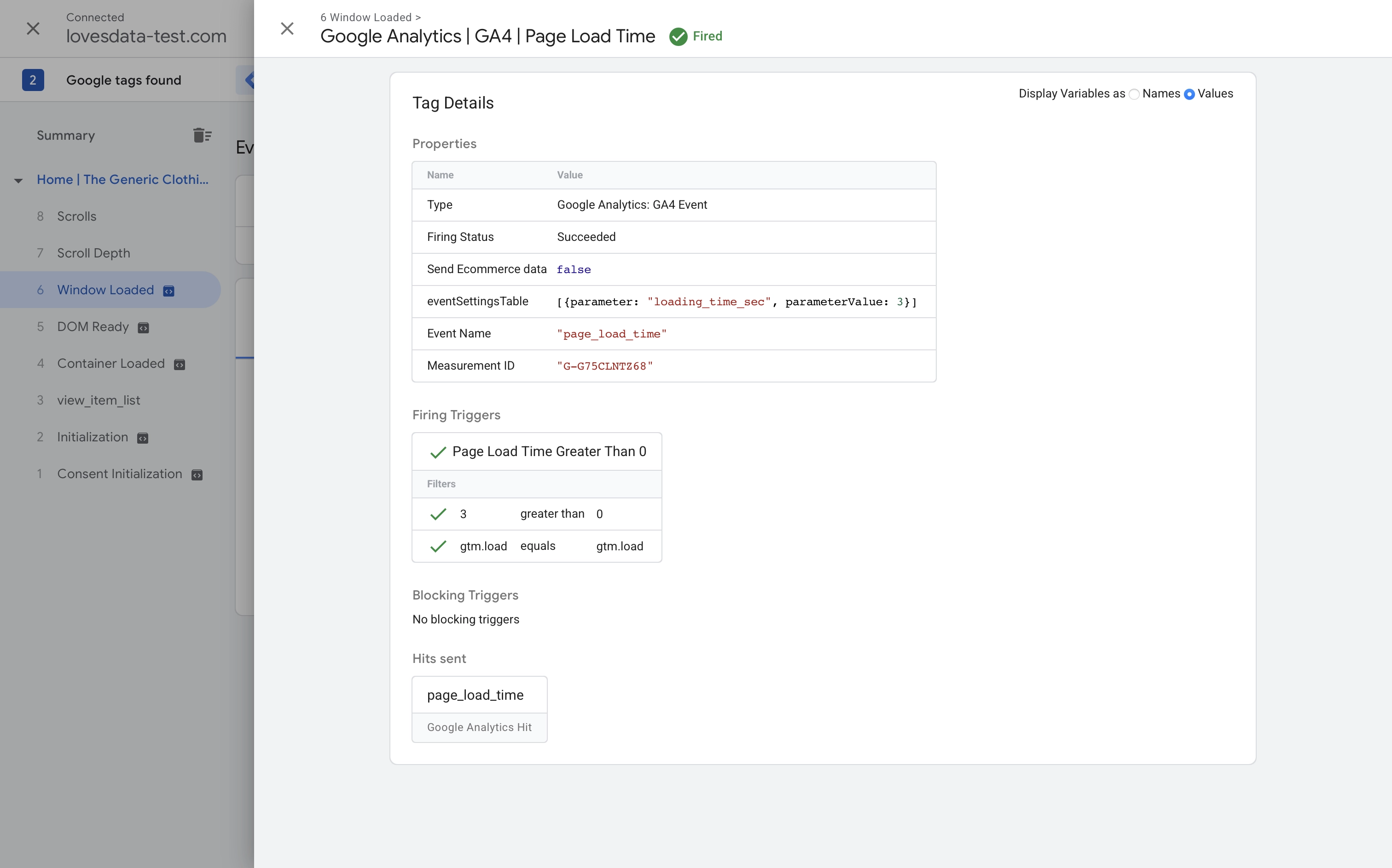 GA4 event tag showing page_load_time parameter and value in seconds