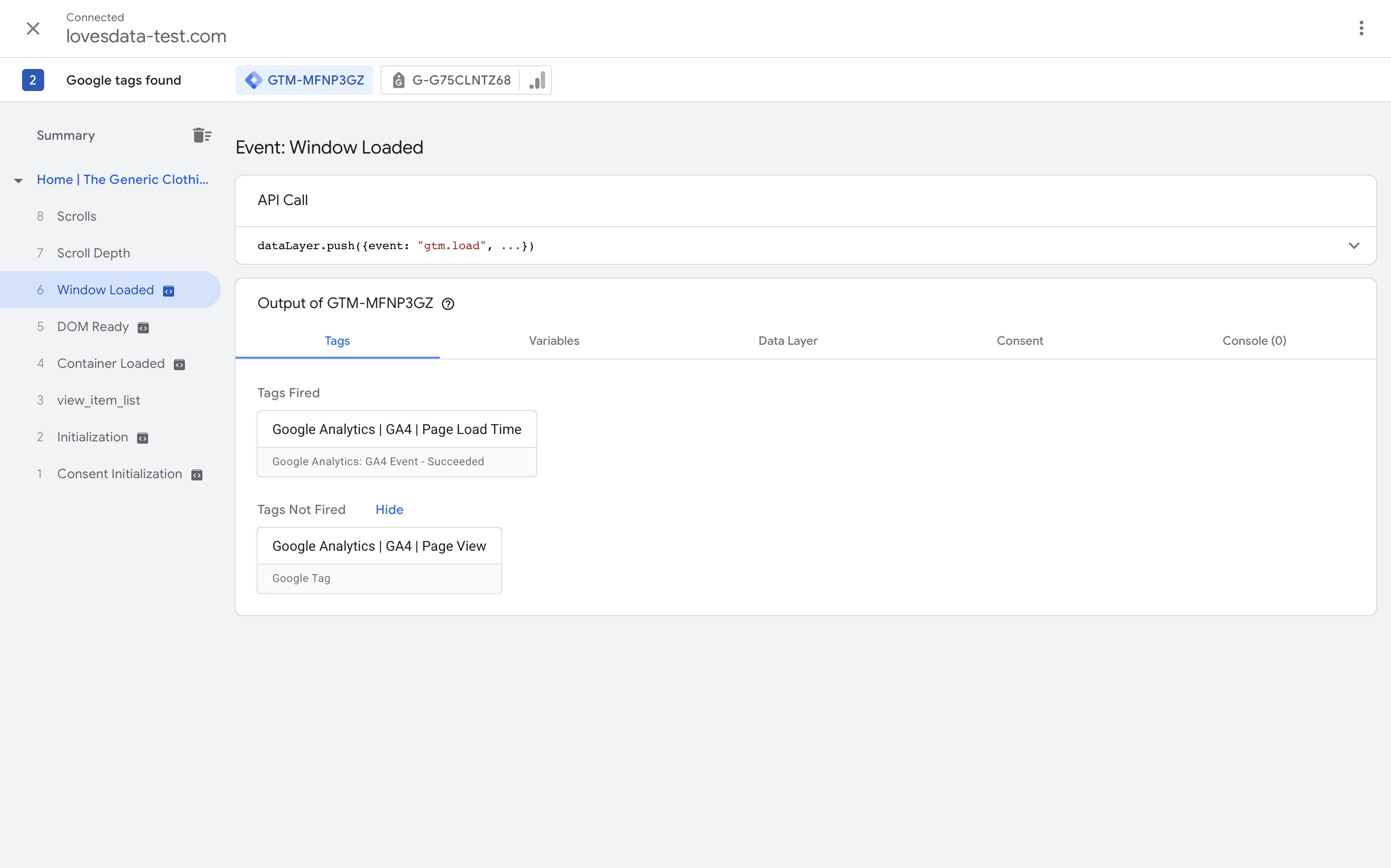 Tag Assistant showing the 'Google Analytics GA4 Page Load Time' tag has fired