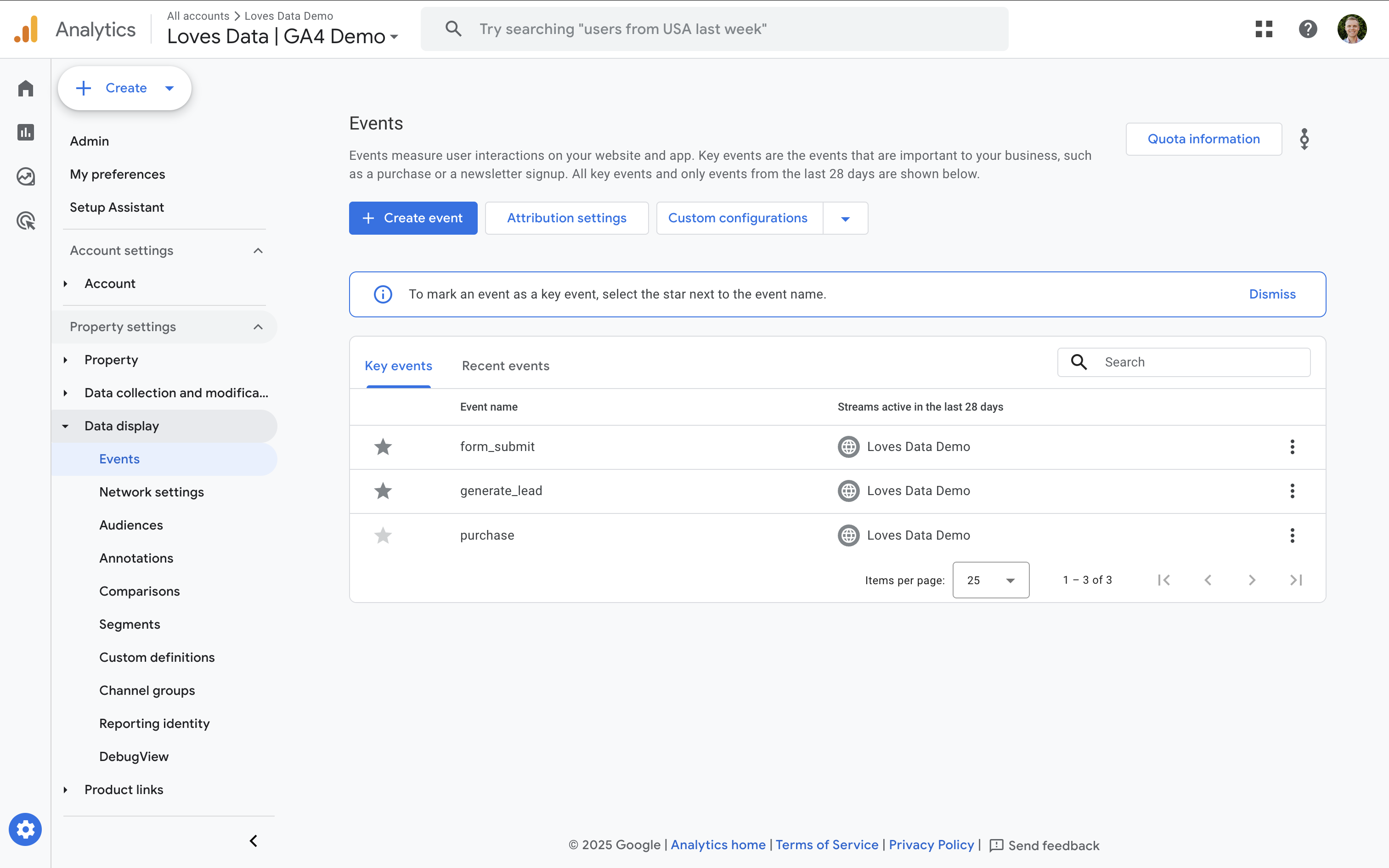 Existing Key Events seen in the Google Analytics admin area