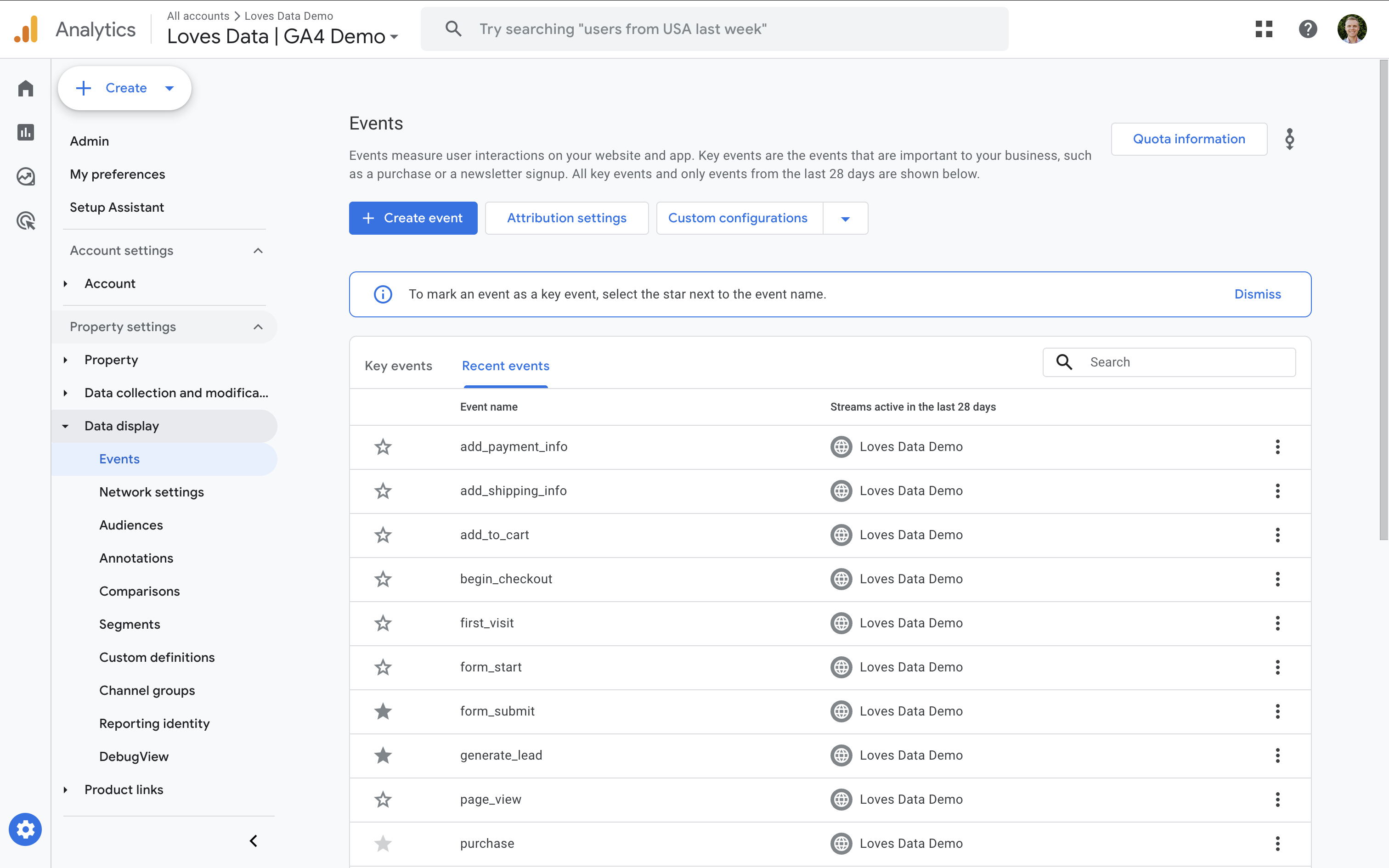 Página de configuración de eventos en GA4 con la pestaña 'Eventos recientes' seleccionados