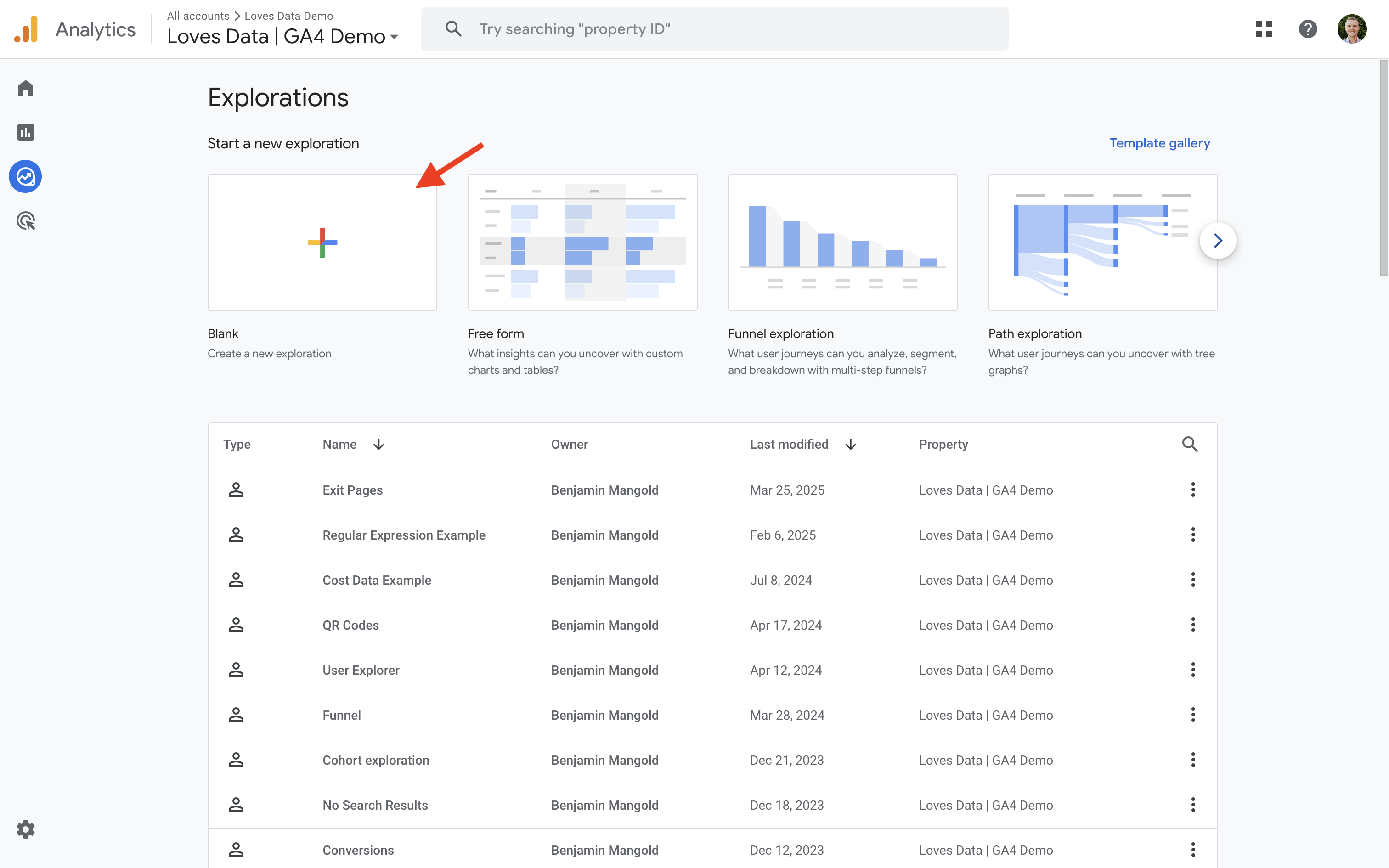 Click 'Blank' to create a new Exploration report