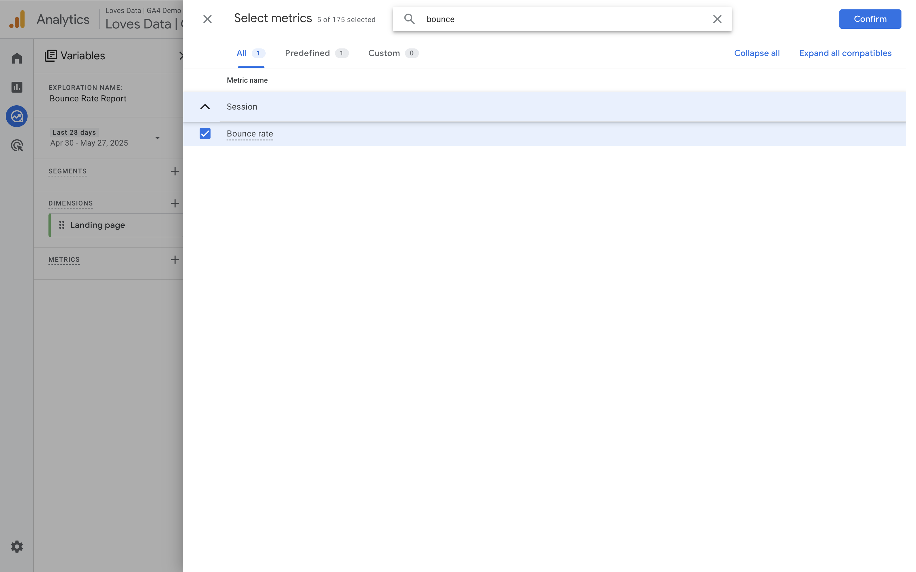 Search for and enable 'Bounce Rate'