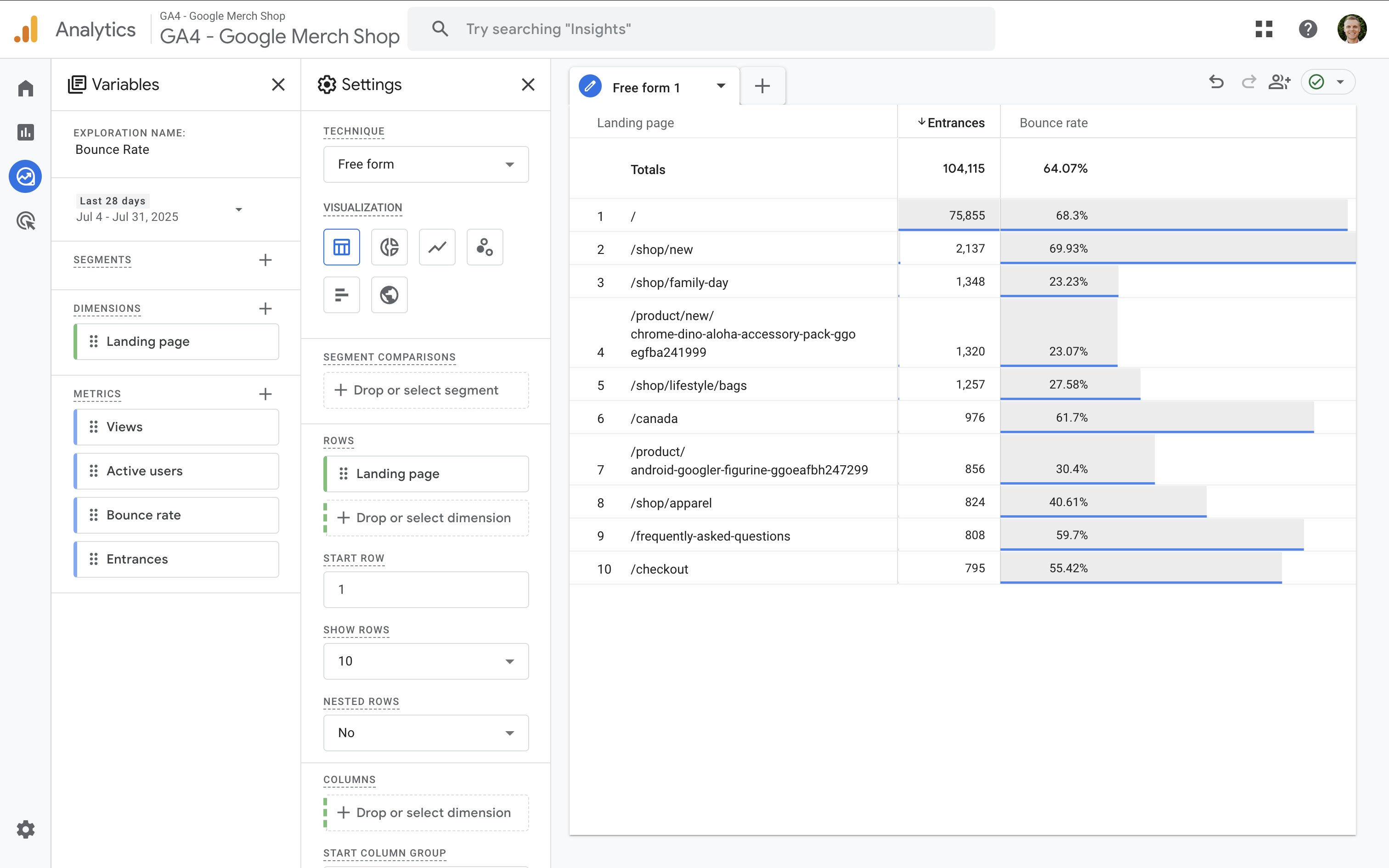 Exploration report with 'Entrances' and 'Bounce Rate' metrics applied