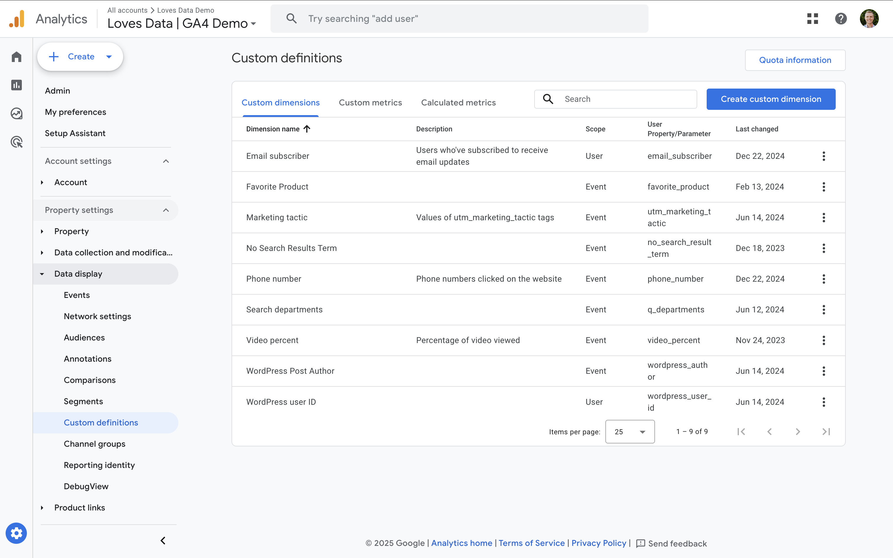 Custom definition settings in GA4