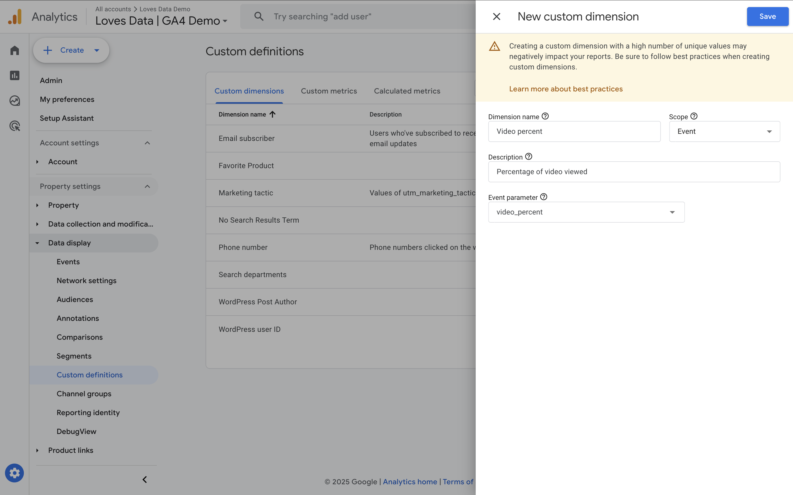 Custom dimension in GA4 for video_percent parameter