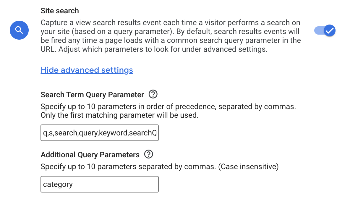 Site search settings in Enhanced Measurement