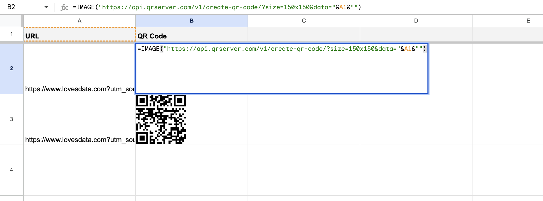 Create QR codes in your spreadsheet using the IMAGE function with a QR code API