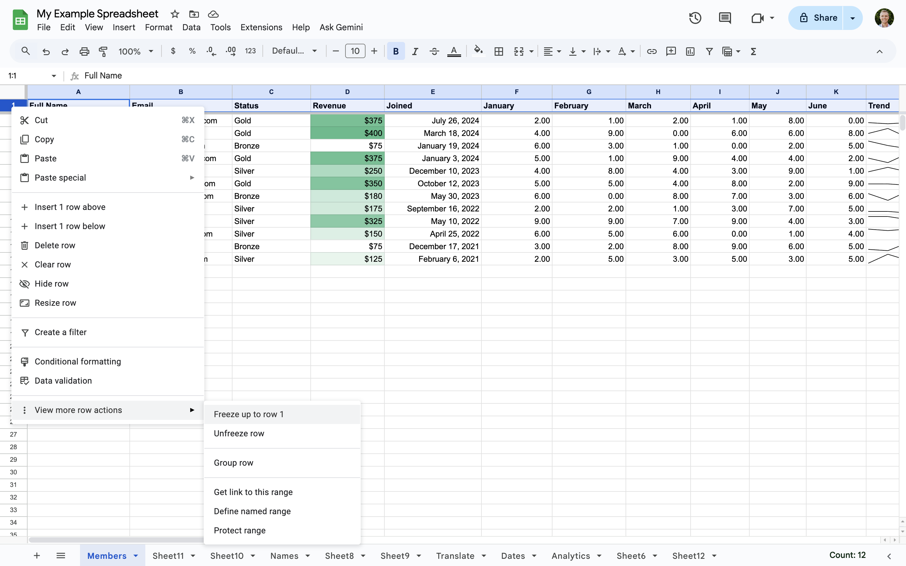 Freeze rows in your spreadsheet to keep the row visible as you work
