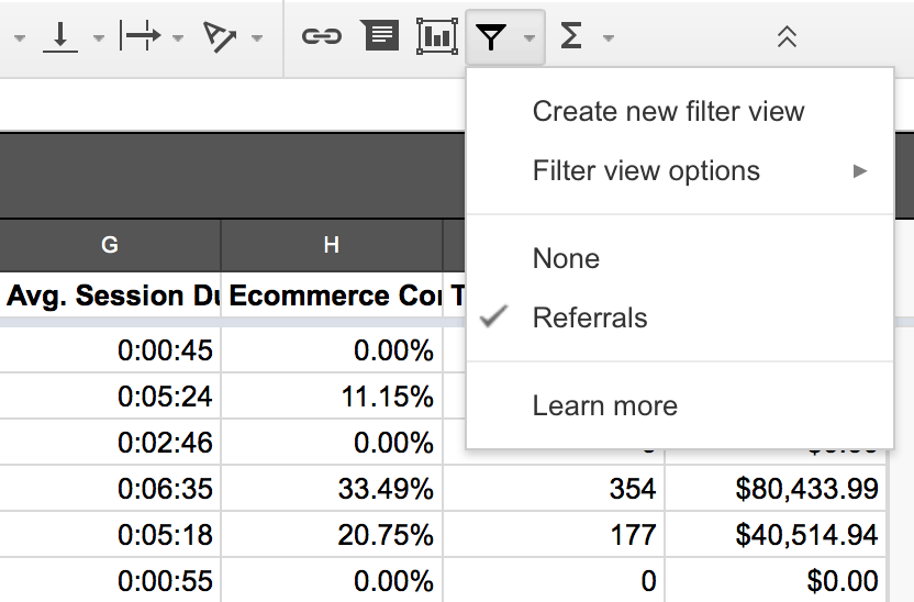 Vista de filtro de Google Sheets
