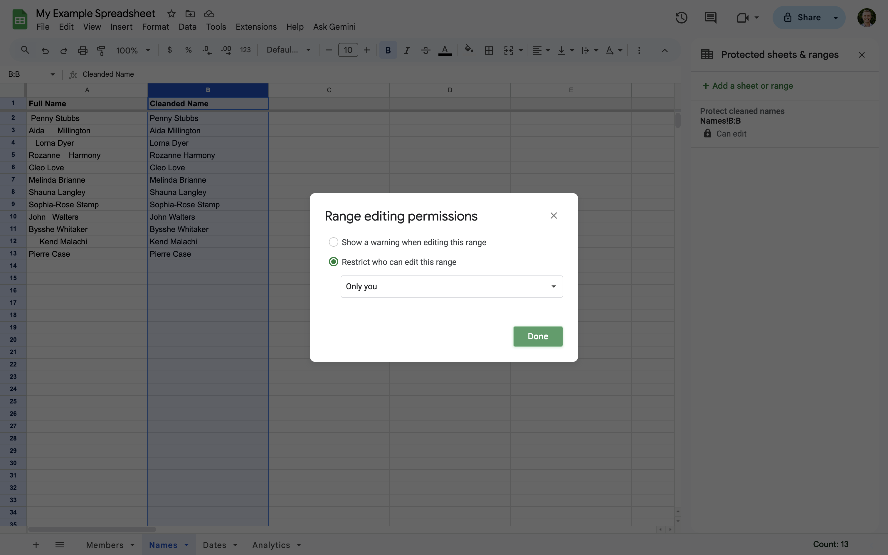 Protected cells can be used to prevent data from being modified