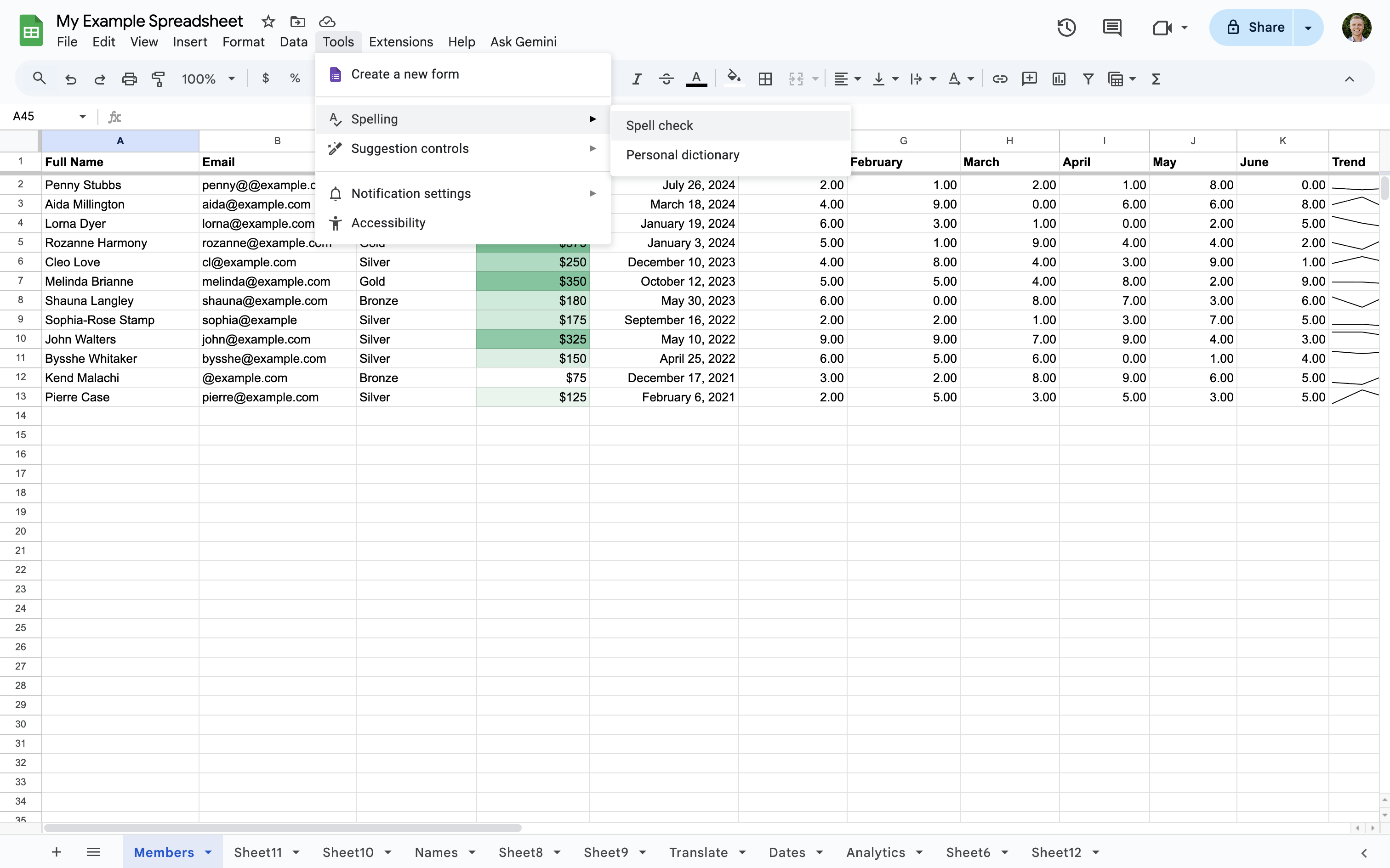 Check spelling in Google Sheets