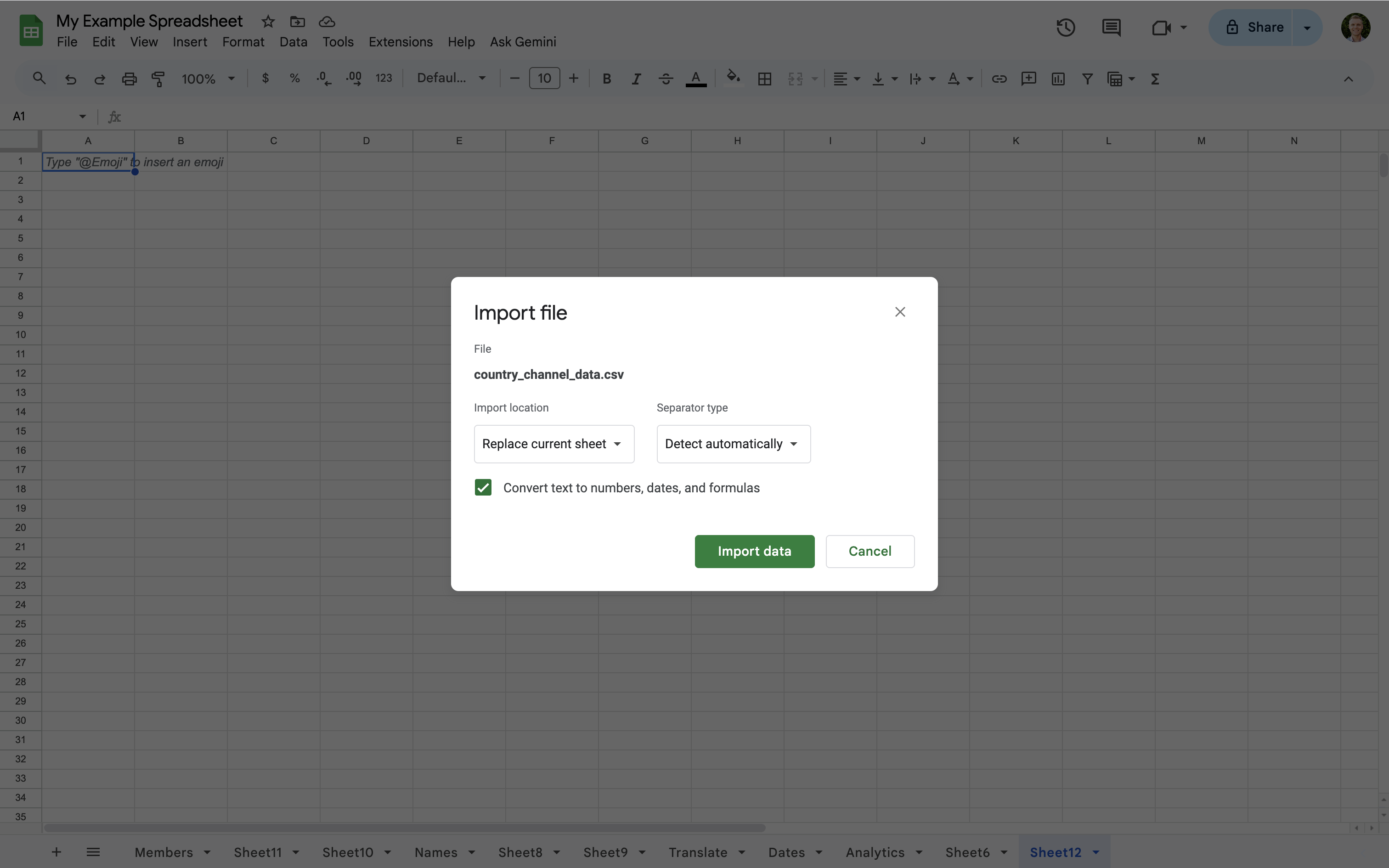 Upload existing spreadsheets, CSVs, and other files into Google Sheets