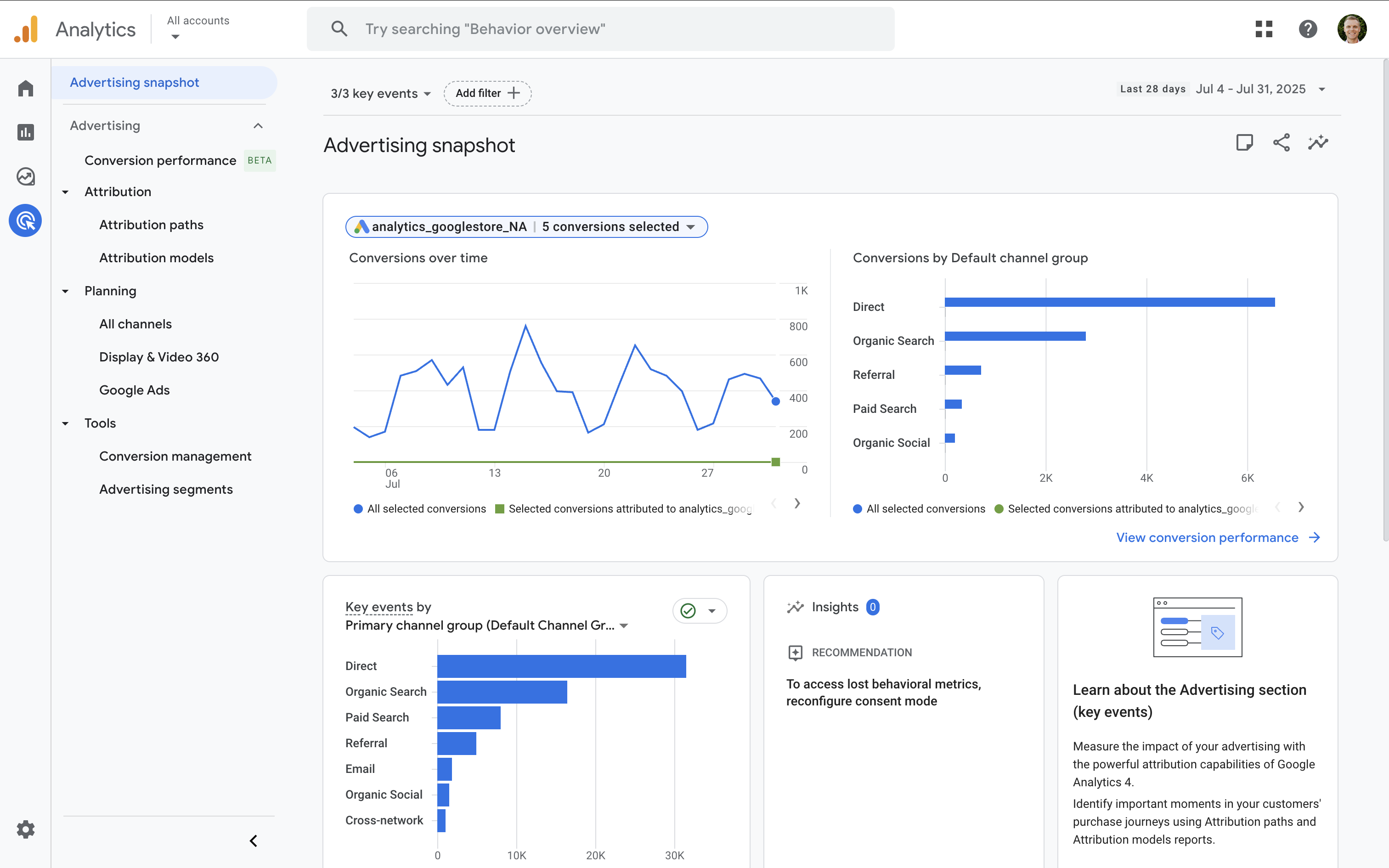 Advertising reports from the Google Analytics demo