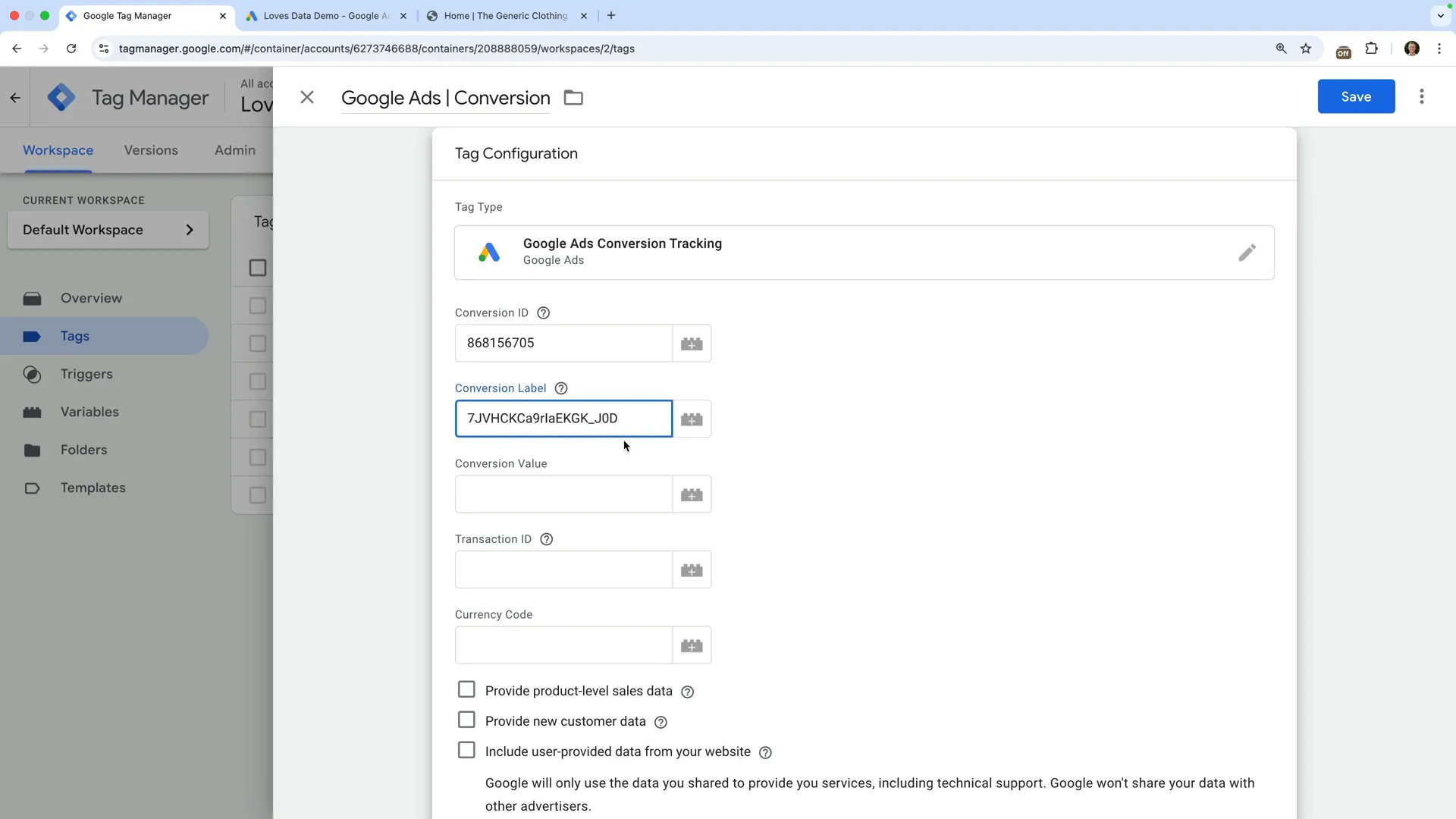 Google Ads conversion tracking tag in Google Tag Manager configured with the conversion ID and conversion label