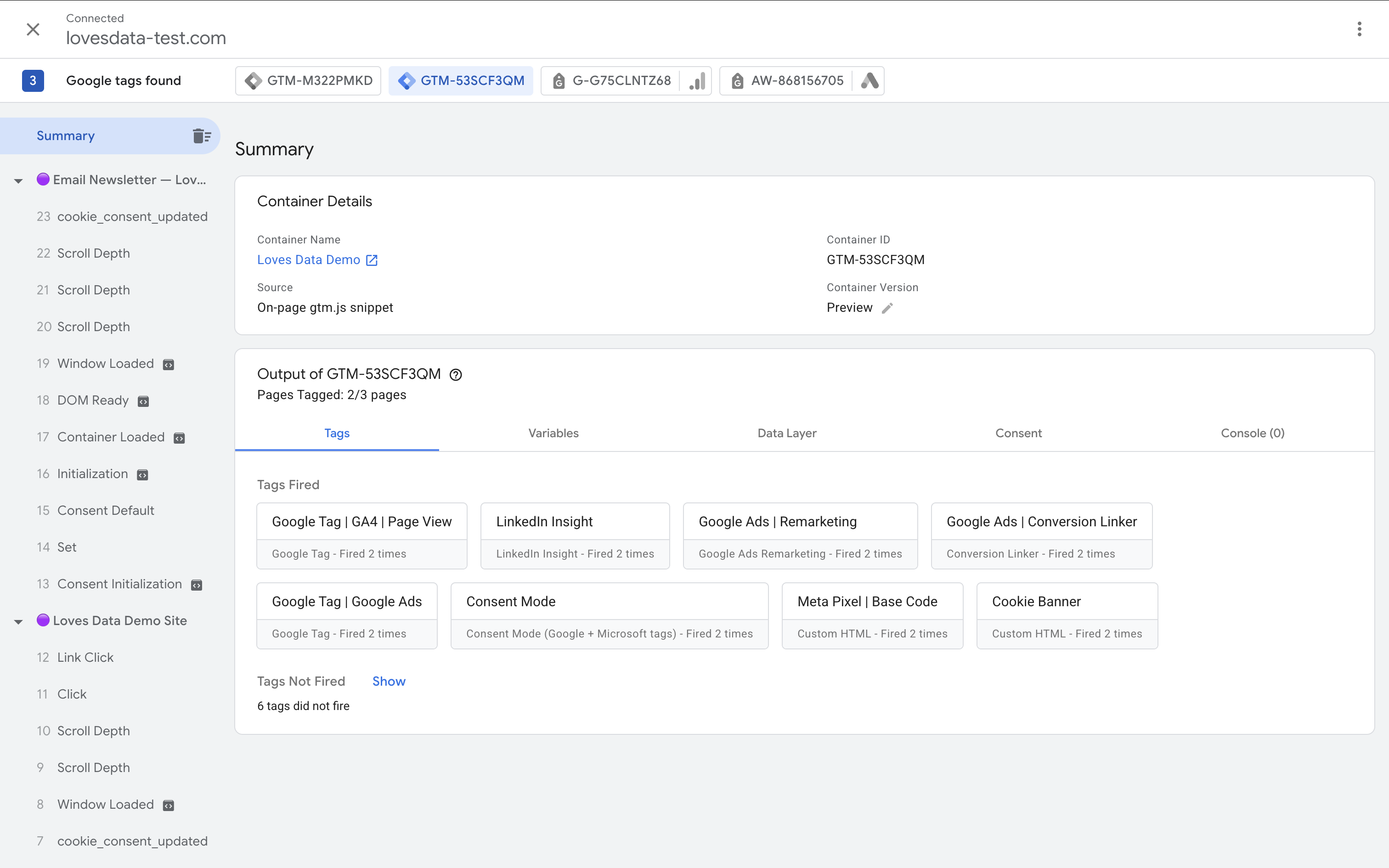 El modo de vista previa del Administrador de etiquetas de Google que muestra etiquetas que fueron disparadas