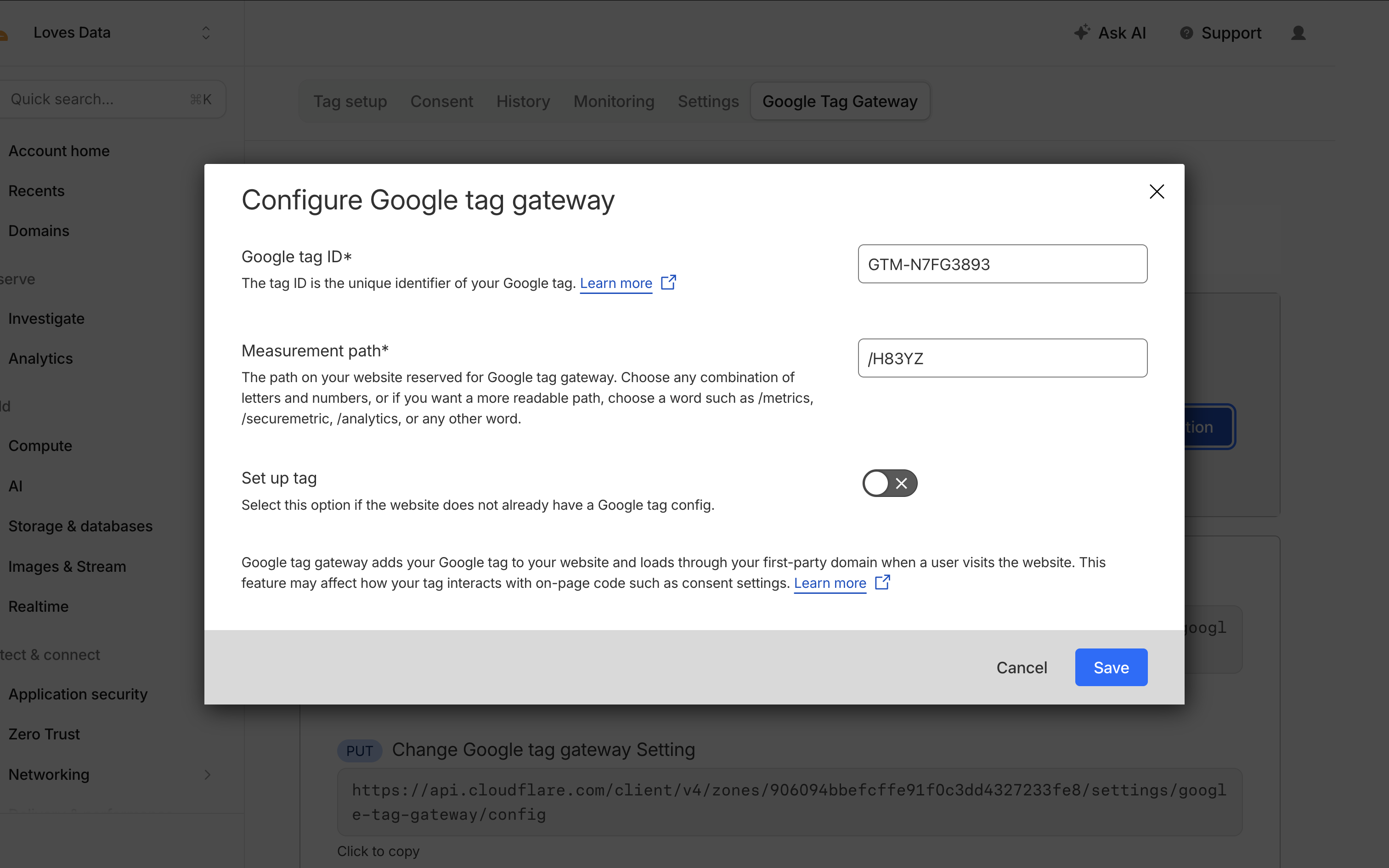 Google Tag Gateway configuration settings in Cloudflare