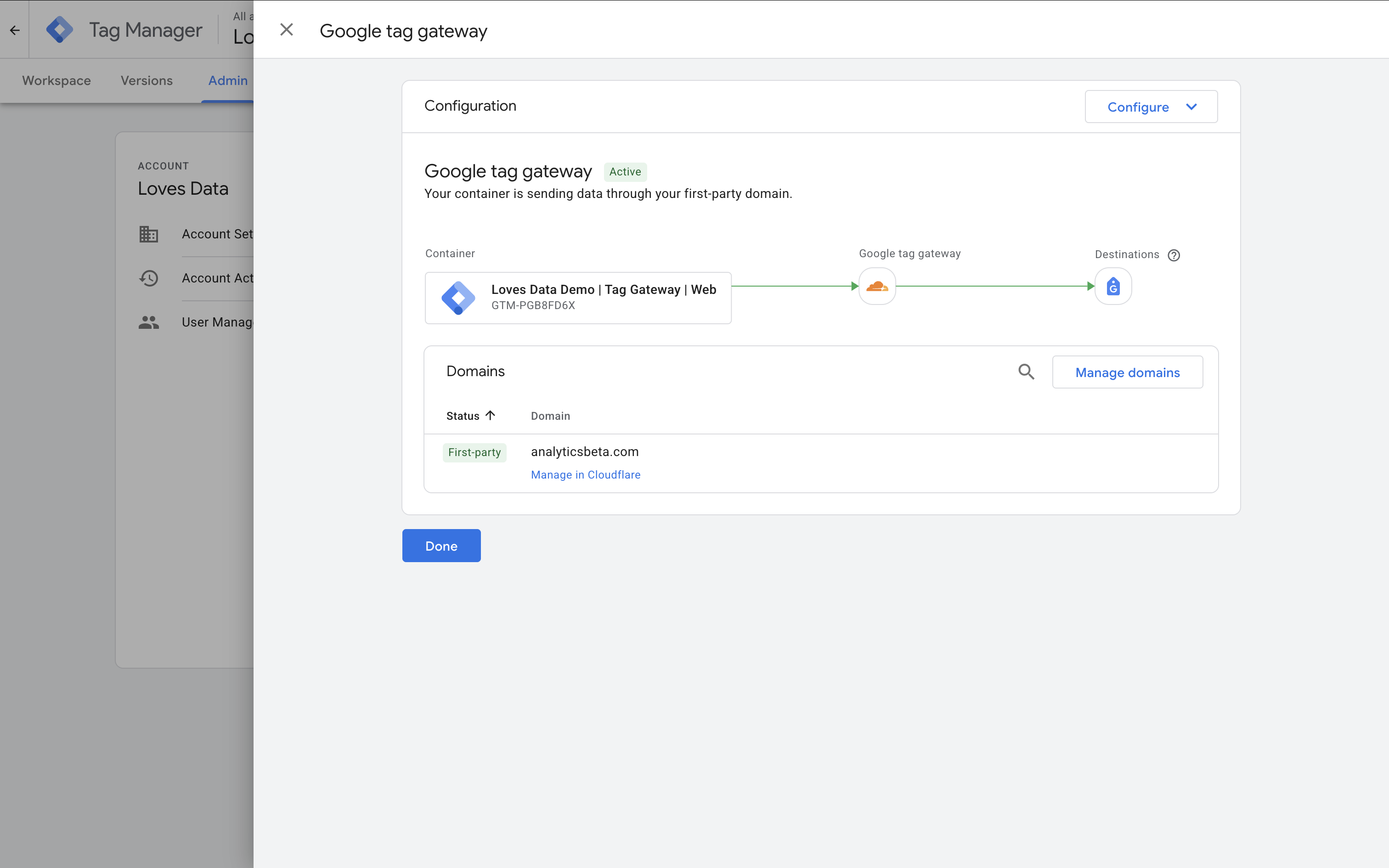 Google Tag Gateway showing as active for a domain