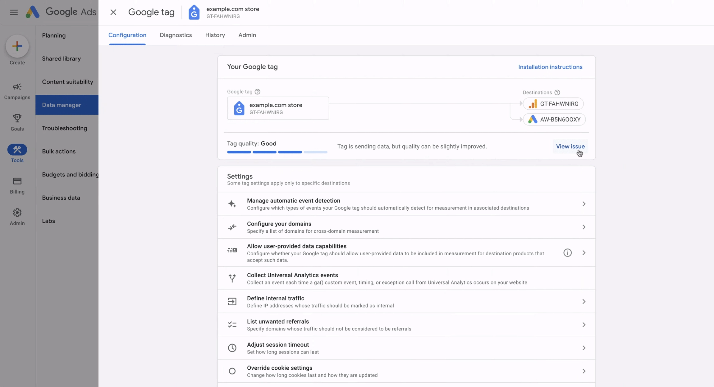 Example showing Google Tag settings