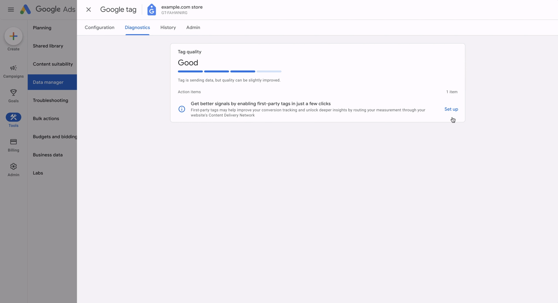 Example showing tag quality for a Google Tag