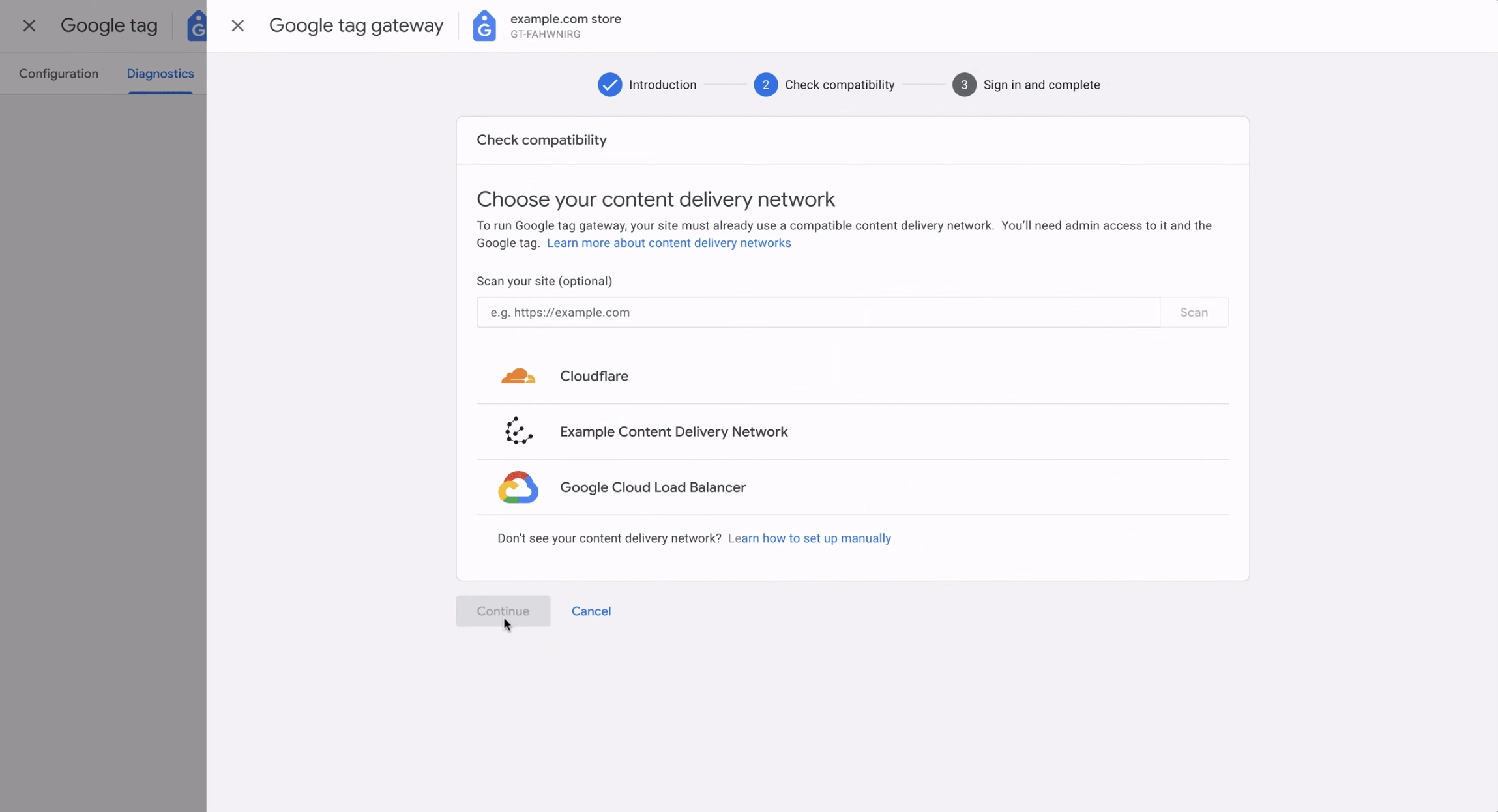 Example showing CDN options for Google Tag Gateway configuration
