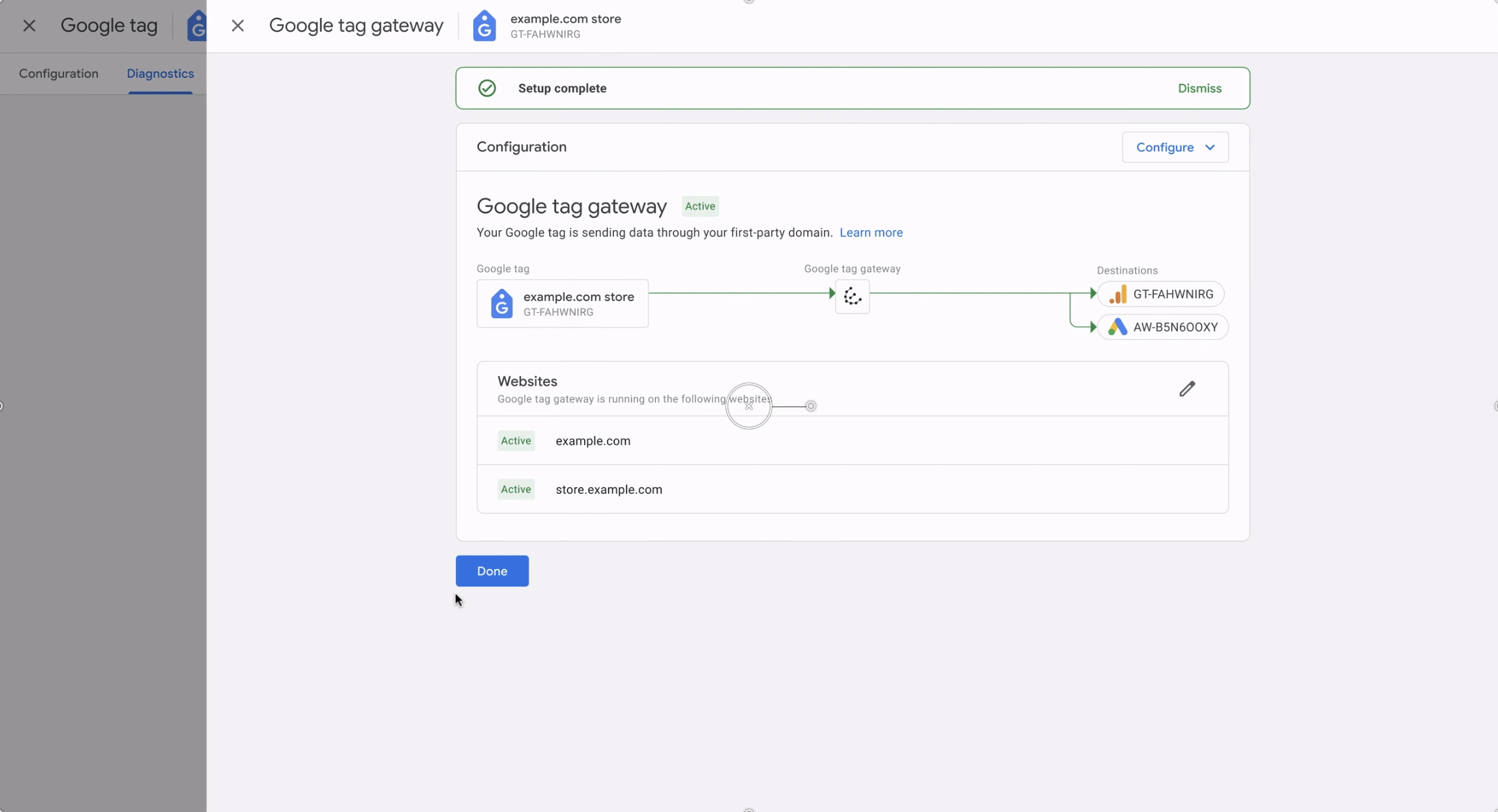 Google Tag Gateway example where setup has been completed