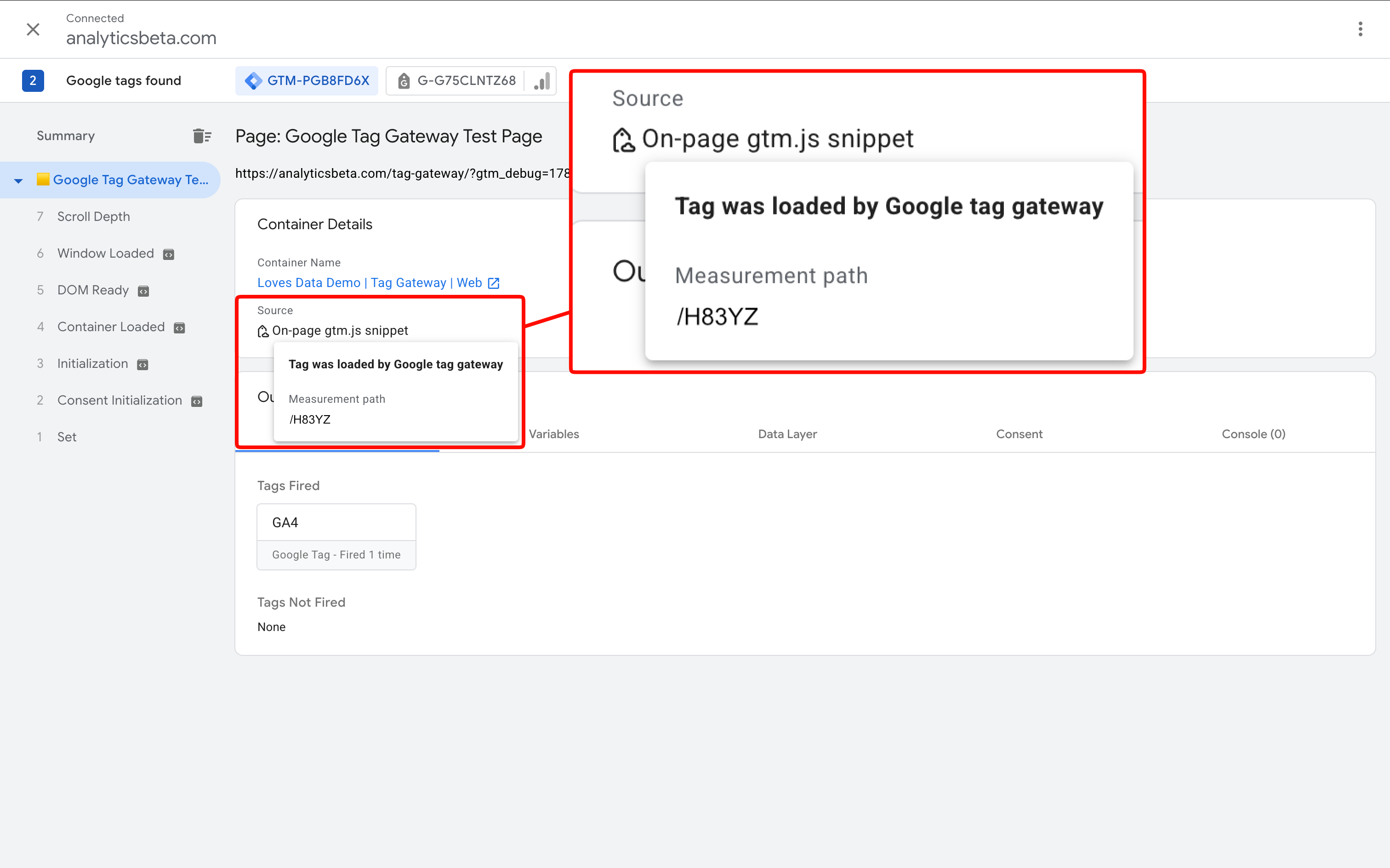 Tag Assistant confirming that a tag was loaded using Google Tag Gateway
